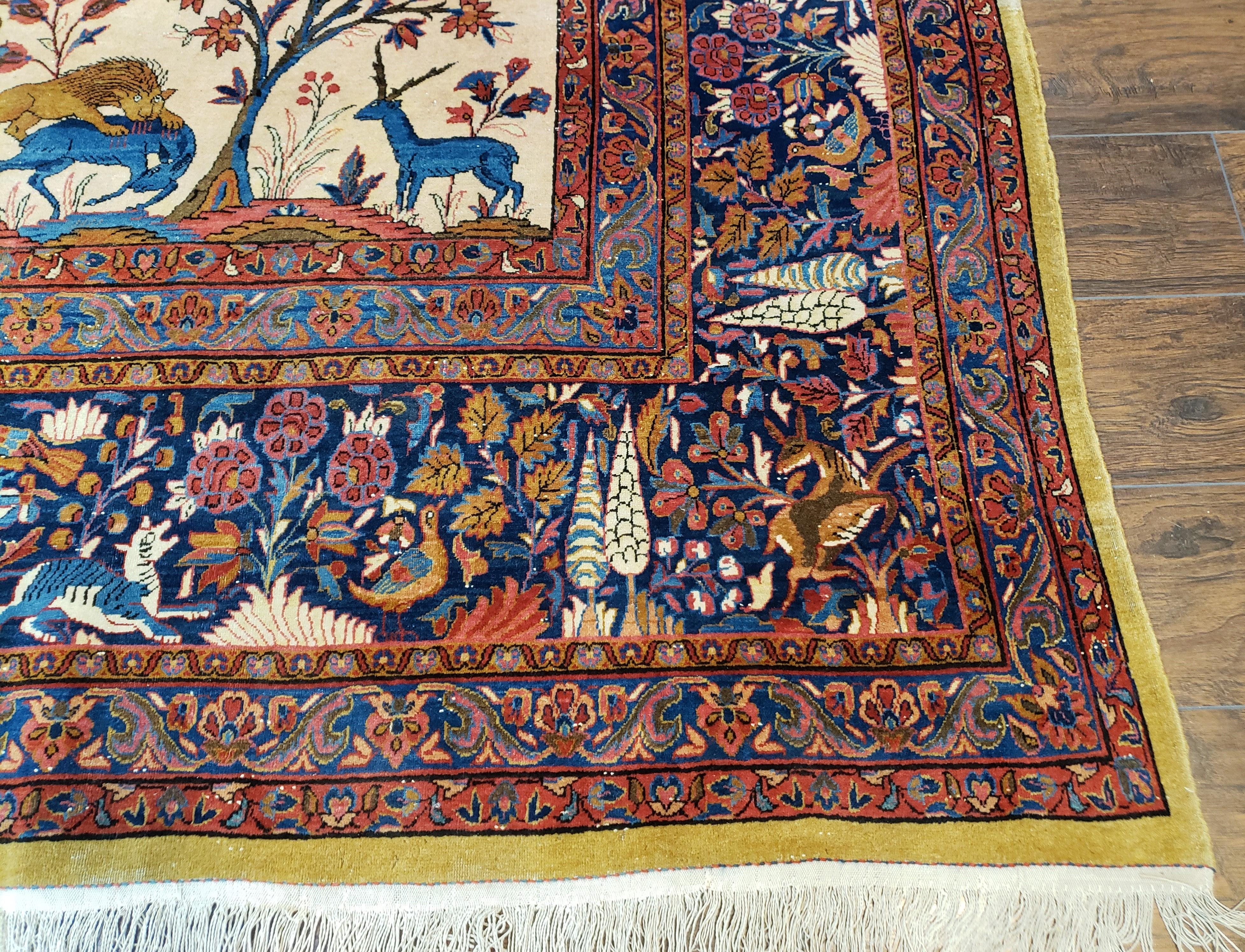 Antique 1920s Persian Kashan Room Sized Rug, Wool Hand-Knotted, Ivory Red Blue, 10' x 13' 3" - Jewel Rugs