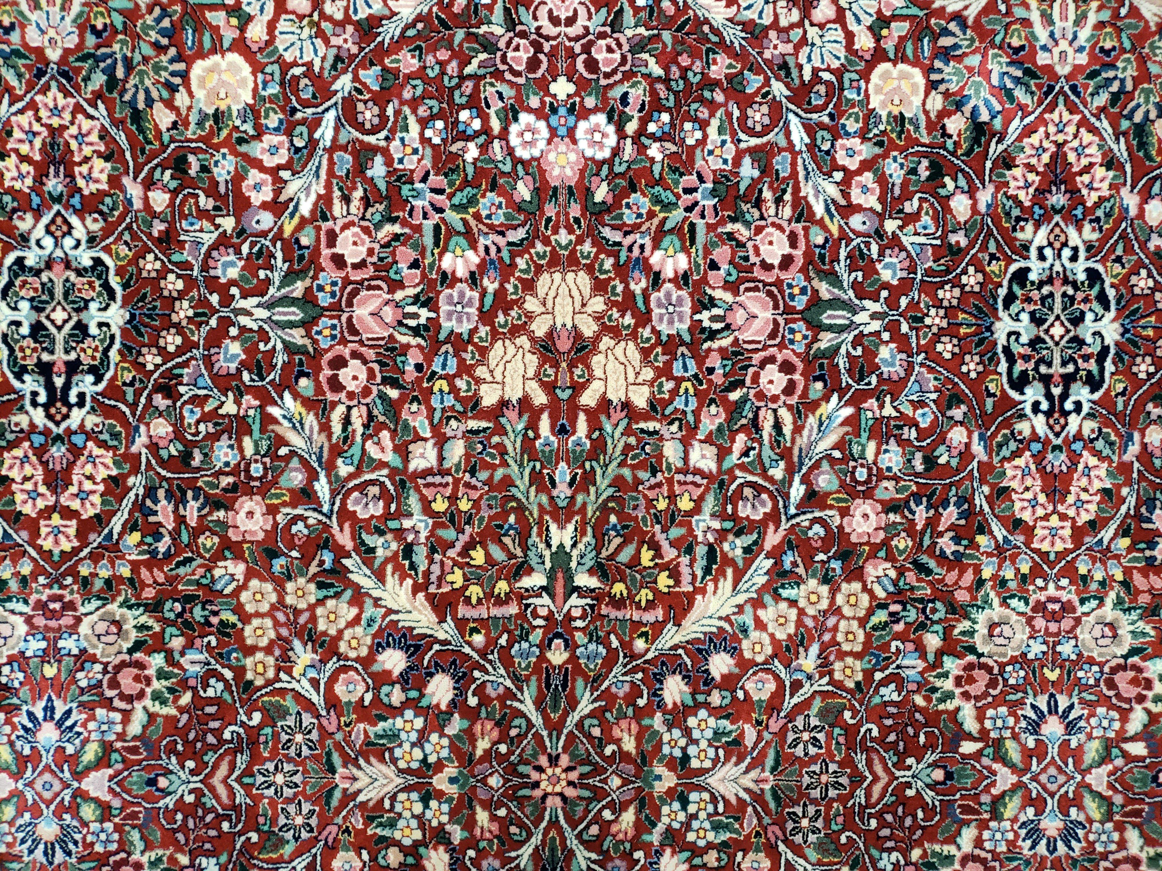 Oversized Pak Persian Rug 11x15, Large Wool Palace Carpet, Red and Ivory, Millefleur Allover Floral Pattern, Vintage Handmade Oriental Rug - Jewel Rugs