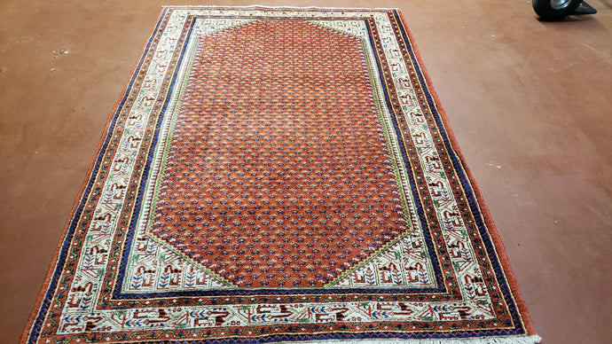 Semi Antique Persian Rug, Saraband Hamadan  Carpet, Mir Pattern, Red and Ivory, Paisley Boteh, Wool, Hand-Knotted, 4'5