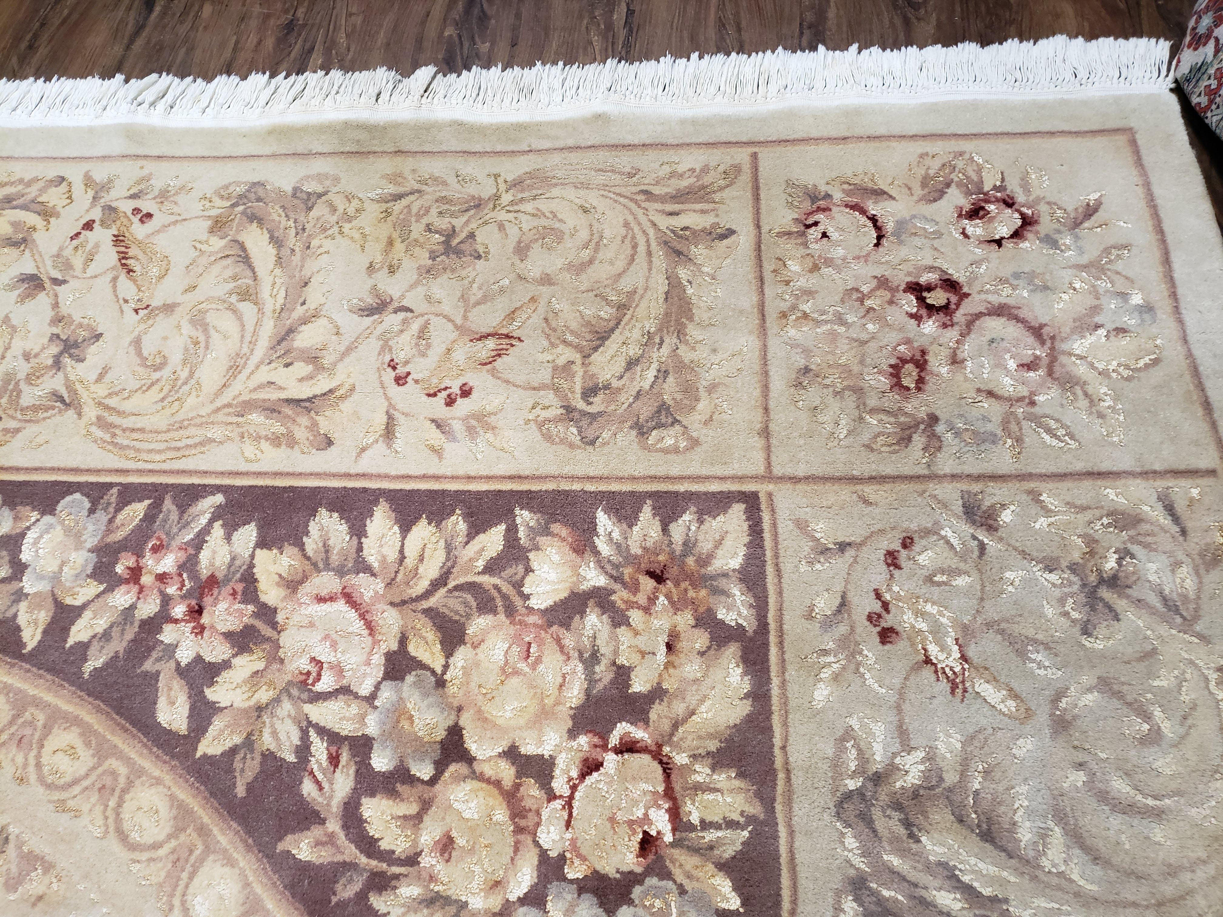 Chinese Aubusson Savonnerie Area Rug 8x12, Vintage 120 Line Carpet, Wool and Silk Hand-Knotted, Birds Flowers Master Weaver Signature - Jewel Rugs
