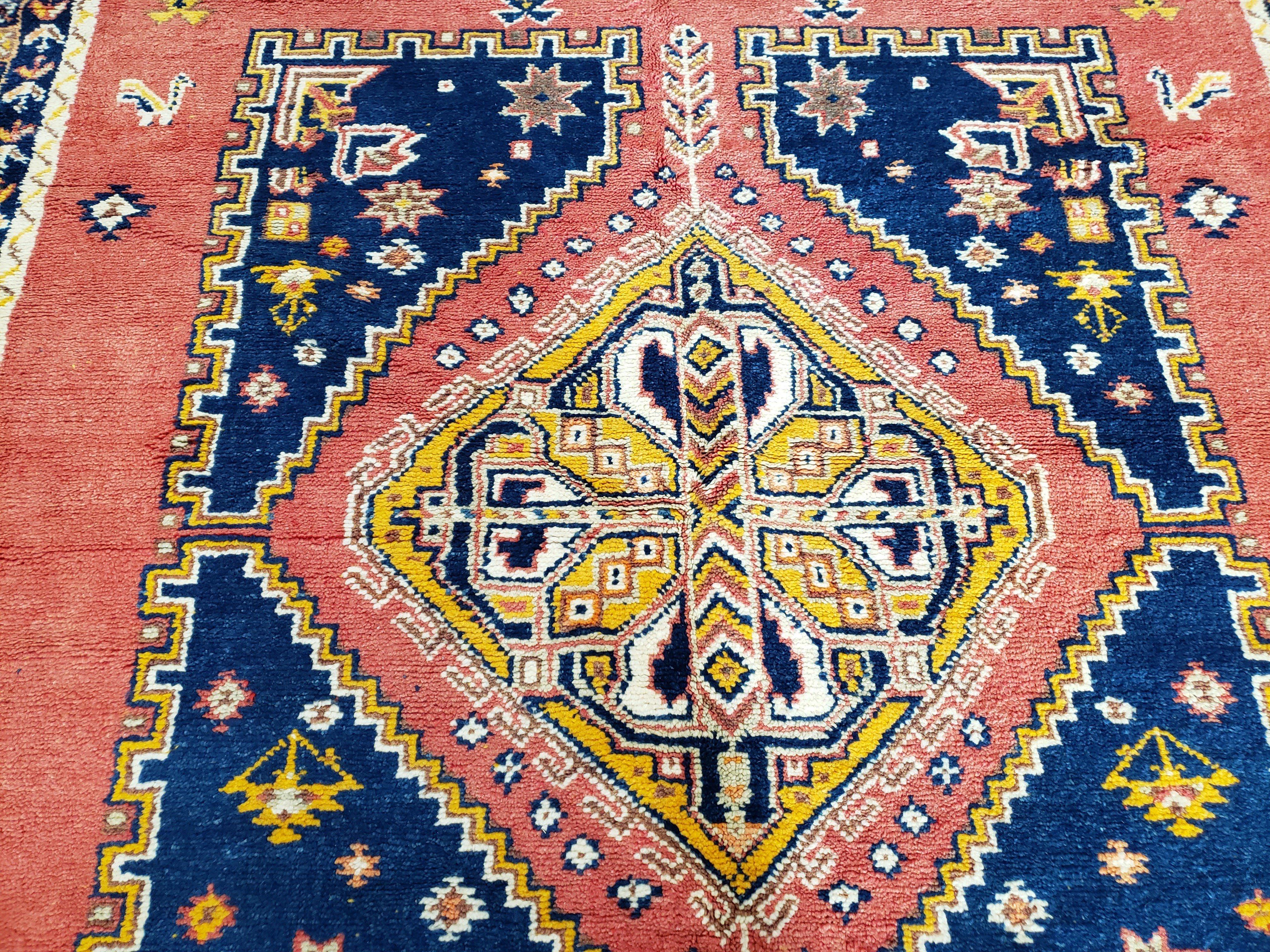 Vintage Moroccan Rug 6.6 x 9.8 ft, Tribal Bohemian Wool Hand-Knotted Carpet, 1950s Moroccan Rug, Salmon Red and Navy Blue, Room Sized Rug - Jewel Rugs