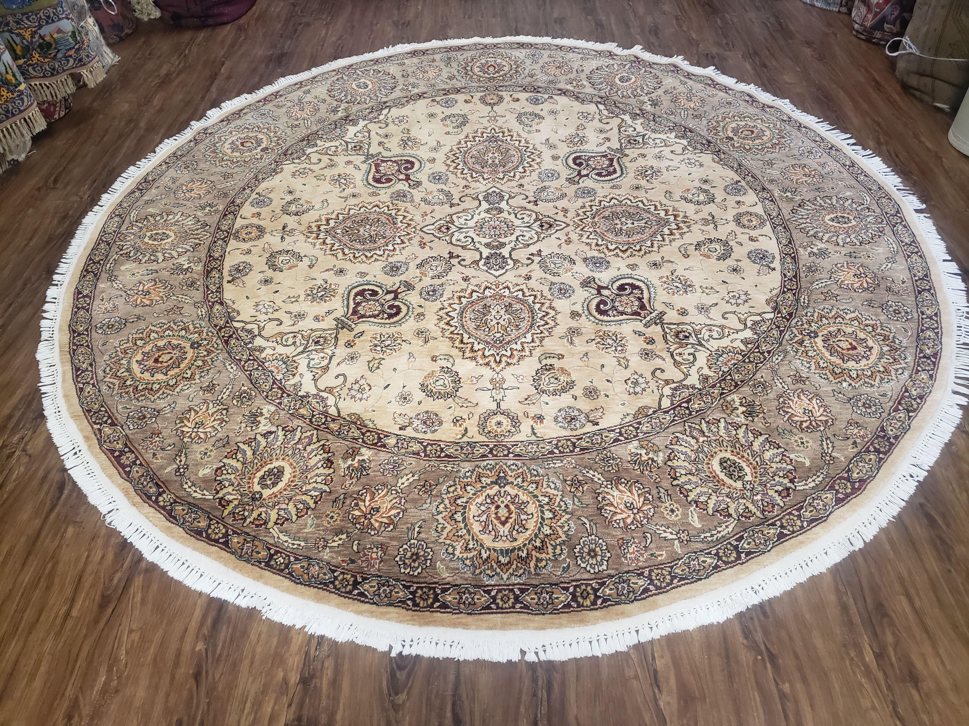 8ft Round Pak-Persian Rug, Round Fine Oriental Carpet, Vintage Hand-Knotted Rug 8x8, Highly Detailed, Haji Jalili Design, Beige & Tan, Wool - Jewel Rugs