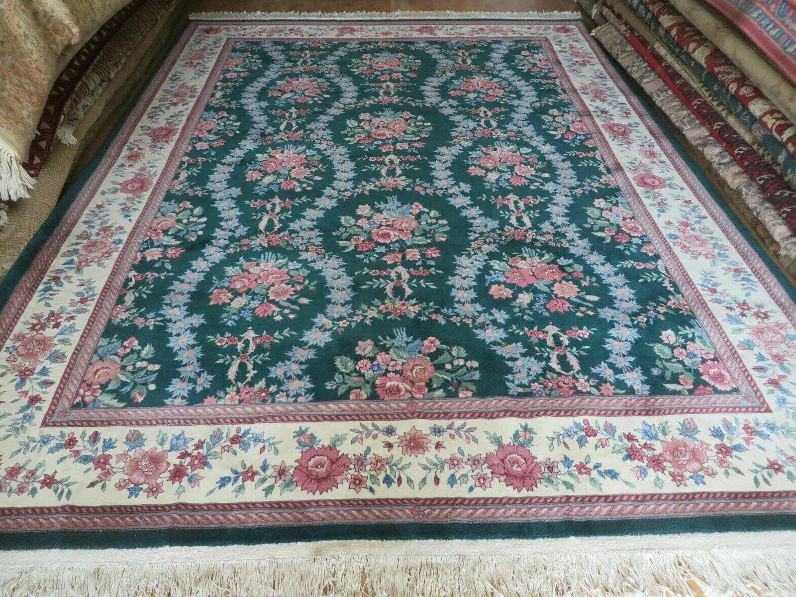 9' X 12' Fine Wiliiam Morris India Oriental Floral Hand Made Green Wool Rug - Jewel Rugs