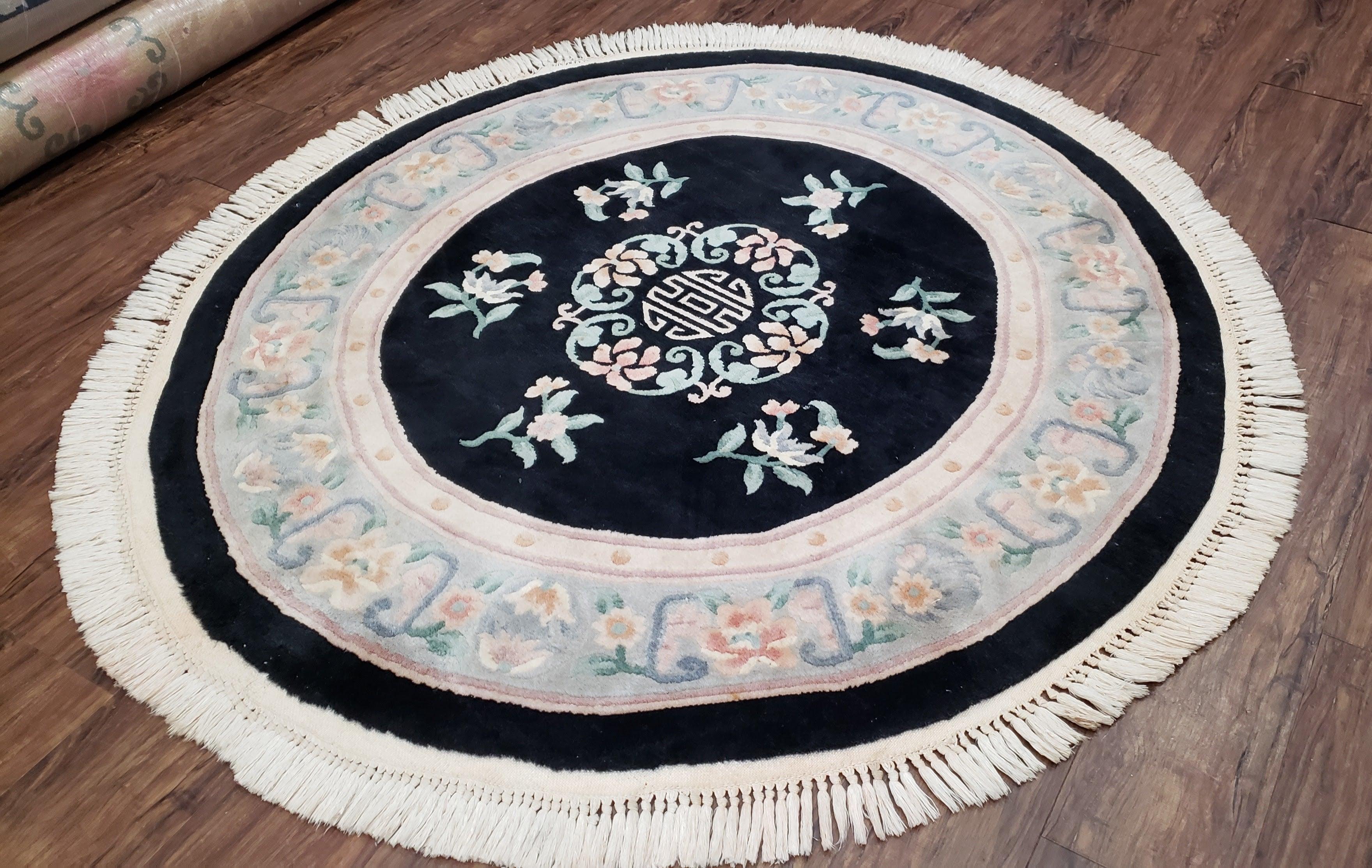 Vintage Chinese Art Deco Round Rug 5', Hand-Knotted Wool Chinese Black & Gray Carving 90 Line Asian Carpet, Plush 5x5 Round Rug, Soft - Jewel Rugs