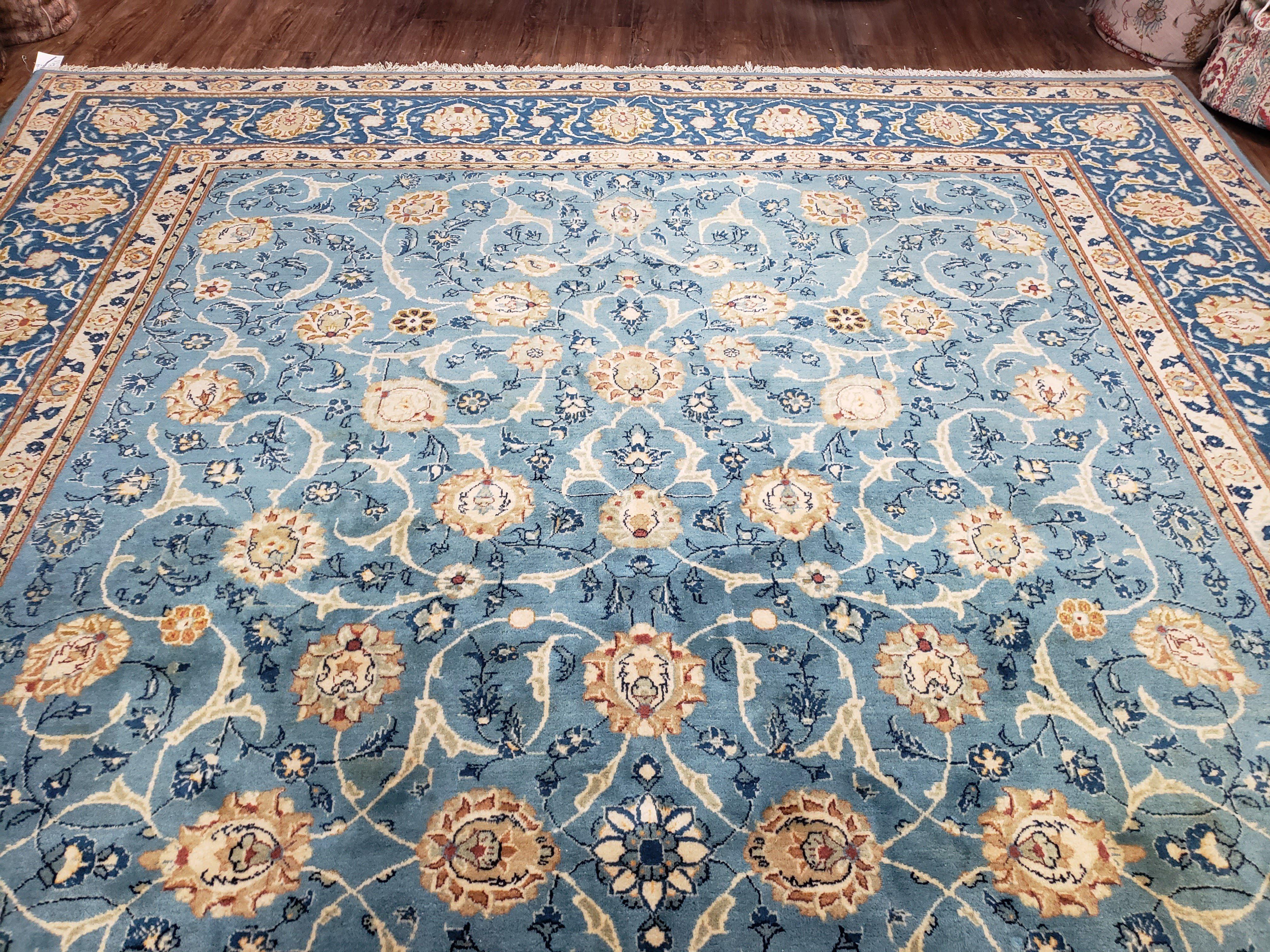 Semi Antique Persian Kashan Rug, Afshan Design, Blue and Ivory, Hand-Knotted, Wool, 8'9" x 12' 6" - Jewel Rugs