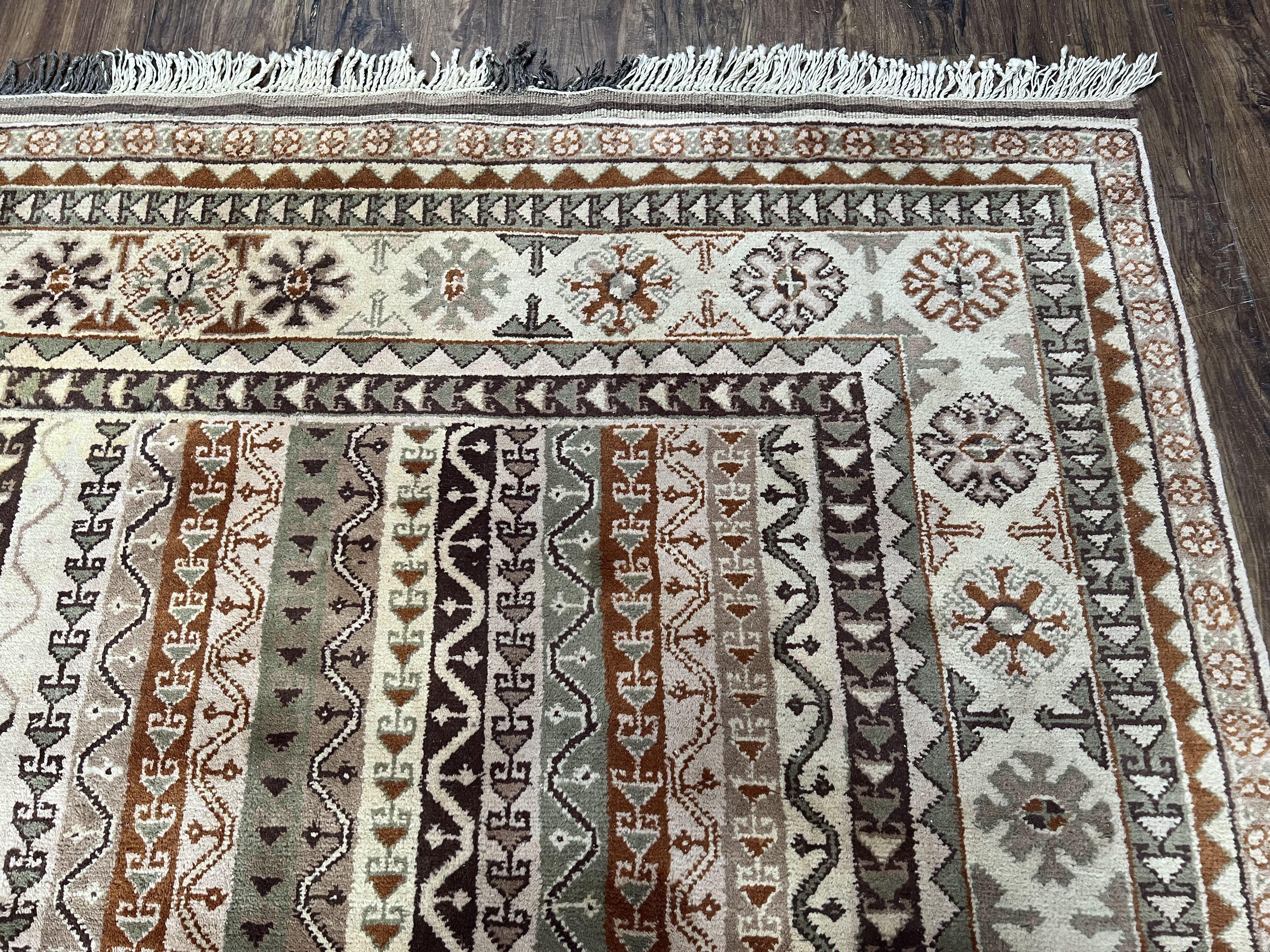 Striped Turkish Anatolian Rug 6x7 Almost Square Shaped Carpet Handmade Vintage Oriental Rug, Living Room Rug, Neutral Colors Cream, Wool Rug - Jewel Rugs