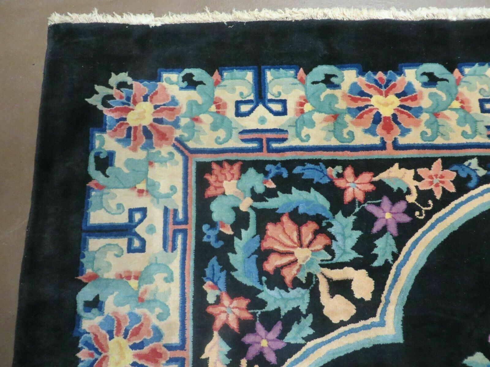 8' x 10' Vintage Handmade Art Deco Plush Chinese Wool Rug center Flower Black - Jewel Rugs