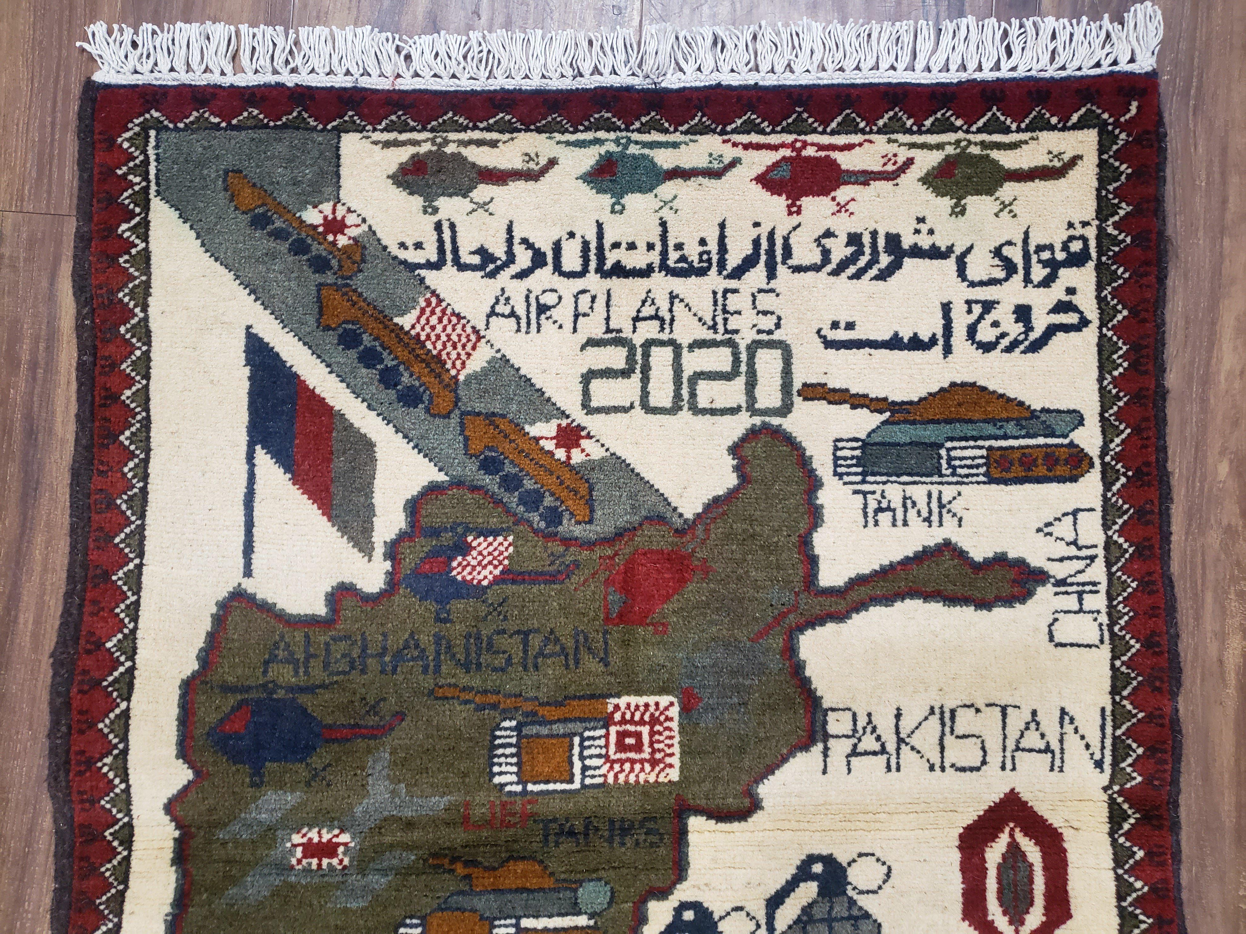 Afghan War Rug 2 x 2.7, Afghanistan Collectible War Carpet, Tanks Guns Airplanes Army 2020, Handmade Wool Pictorial Rug, Tribal Rug, 2x3 - Jewel Rugs