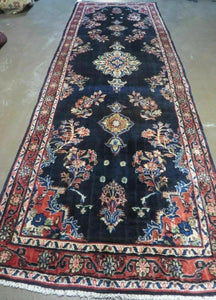 Persian Runner Rug 3.7 x 10.9, Antique Persian Hamadan Wool Handmade Oriental Tribal Hallway Runner, Navy Blue Red Cream, Floral Semi Open Field Medallion - Jewel Rugs