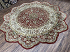 8ft Round Hand Knotted Rug, Unique Flower Petal Shape, 8x8 Circular Wool Carpet Handmade, Burgundy Cream Multicolor Floral Medallion Allover - Jewel Rugs