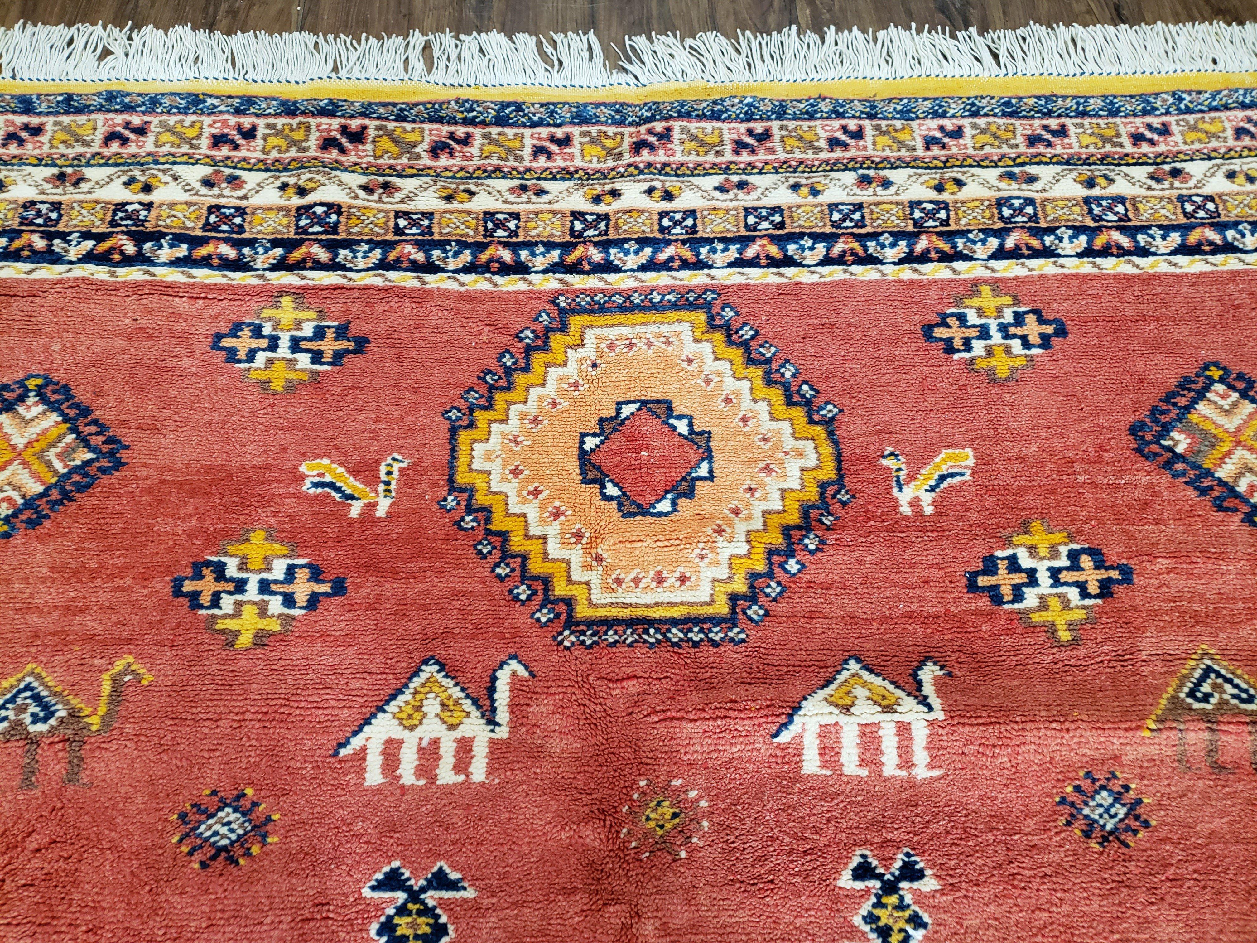 Vintage Moroccan Rug 6.6 x 9.8 ft, Tribal Bohemian Wool Hand-Knotted Carpet, 1950s Moroccan Rug, Salmon Red and Navy Blue, Room Sized Rug - Jewel Rugs