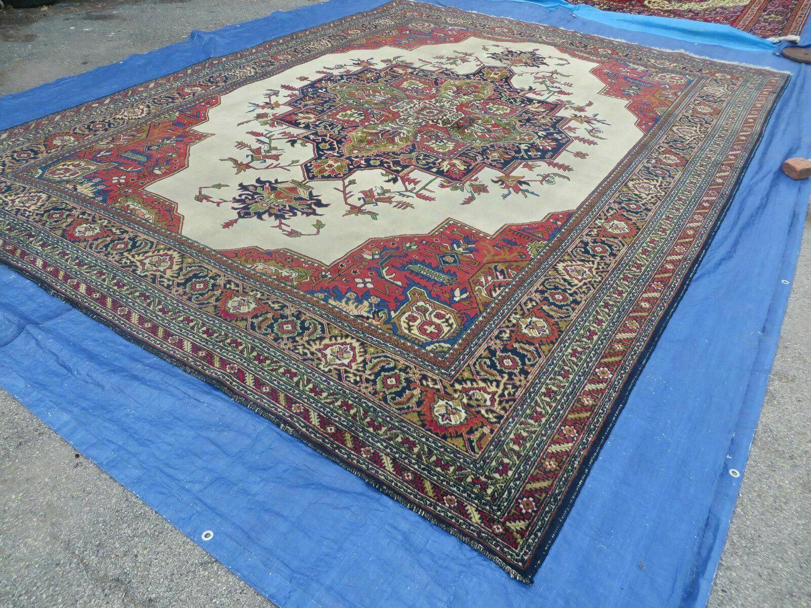 Persian Tabriz Rug 10x13 Oriental Carpet, Ivory Open Field, Geometric Medallion, Red Blue, Hand Knotted, Large Wool Area Rug Vintage Antique 1950s - Jewel Rugs
