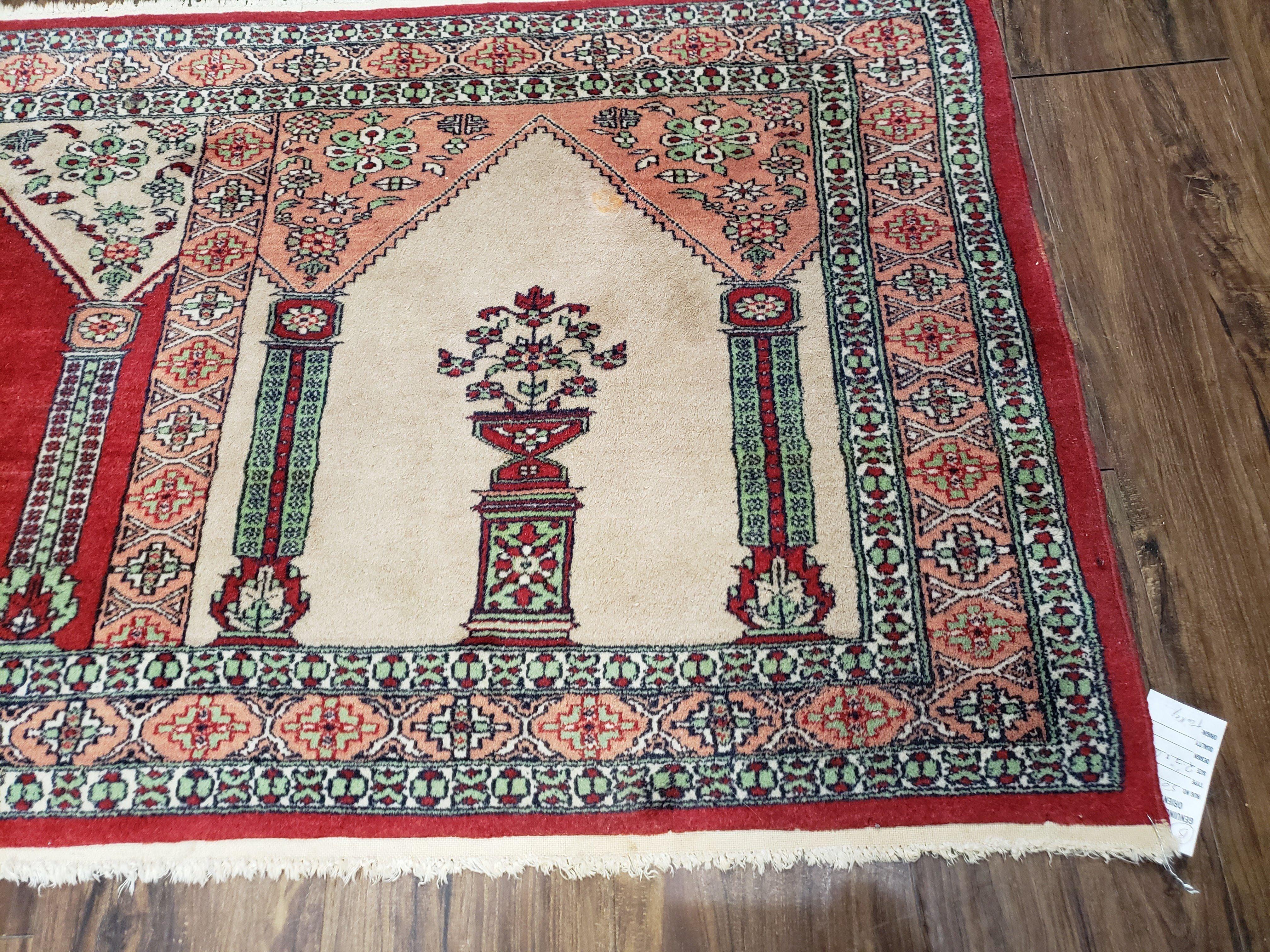 Vintage Turkish Triple Mehrab Area Rug 2.7 x 6.6, Wool Hand-Knotted Horizontal Carpet, Fine Weave, Red Peach Ivory, Nice - Jewel Rugs