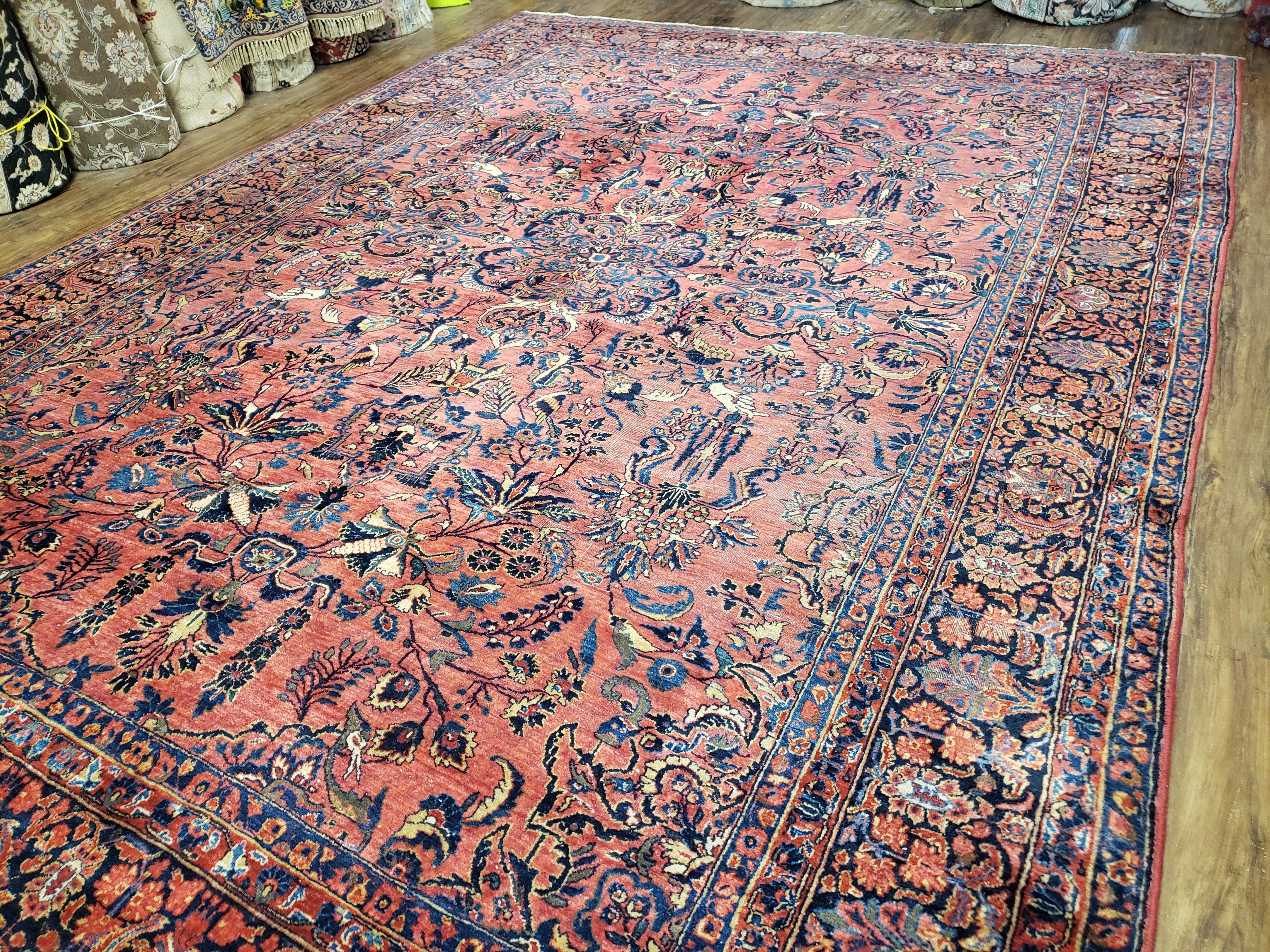 Antique Persian Oriental Rug 9x12, Room Sized 1920s Persian Area Rug, Hand-Knotted Fine Unique Carpet, Wool, Red Blue & Beige, Farmhouse Rug - Jewel Rugs