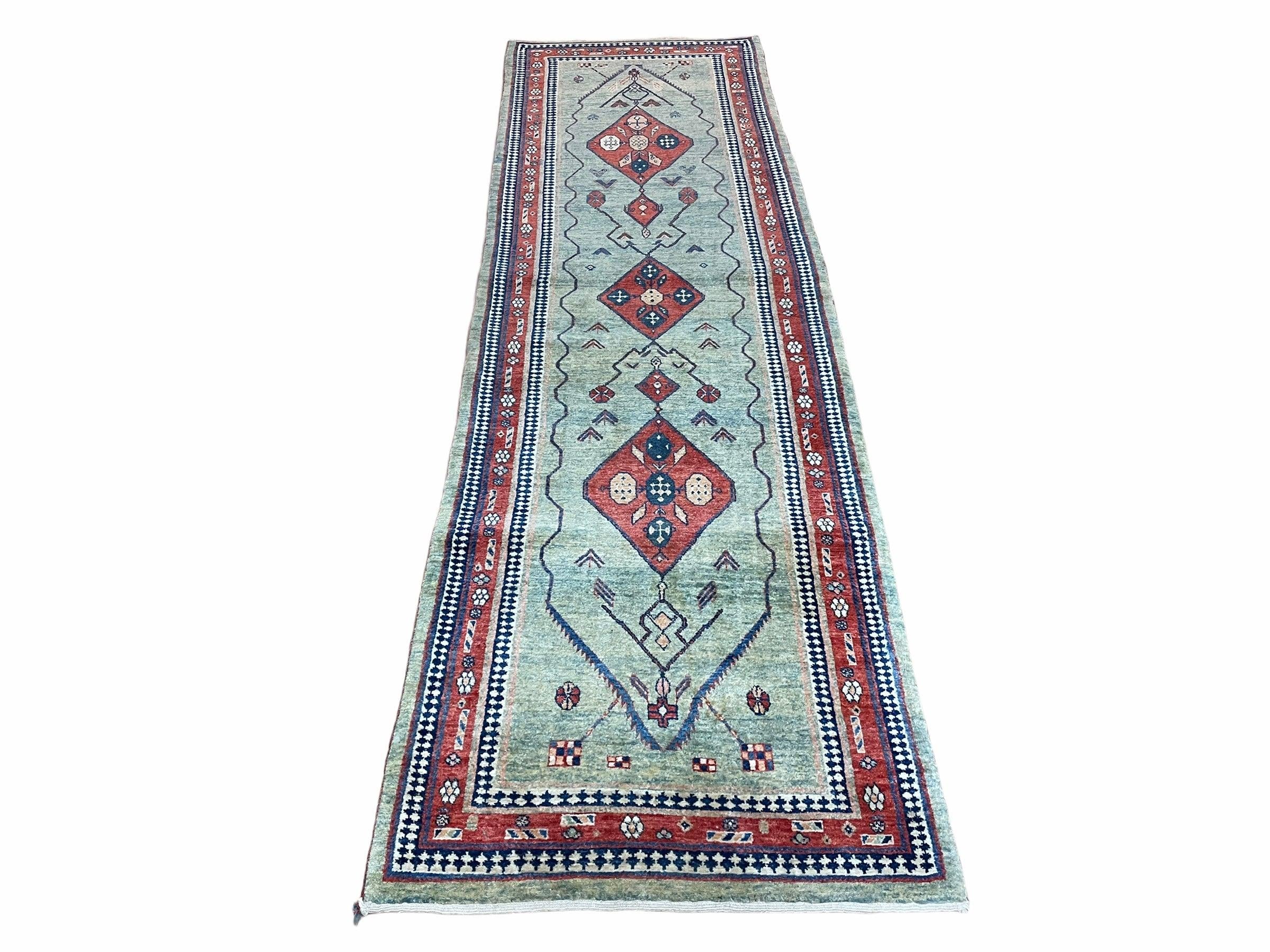 3 x 9 Vintage Handmade Quality Runner Wool Rug Geometric Organic Dyes Teal Green - Jewel Rugs