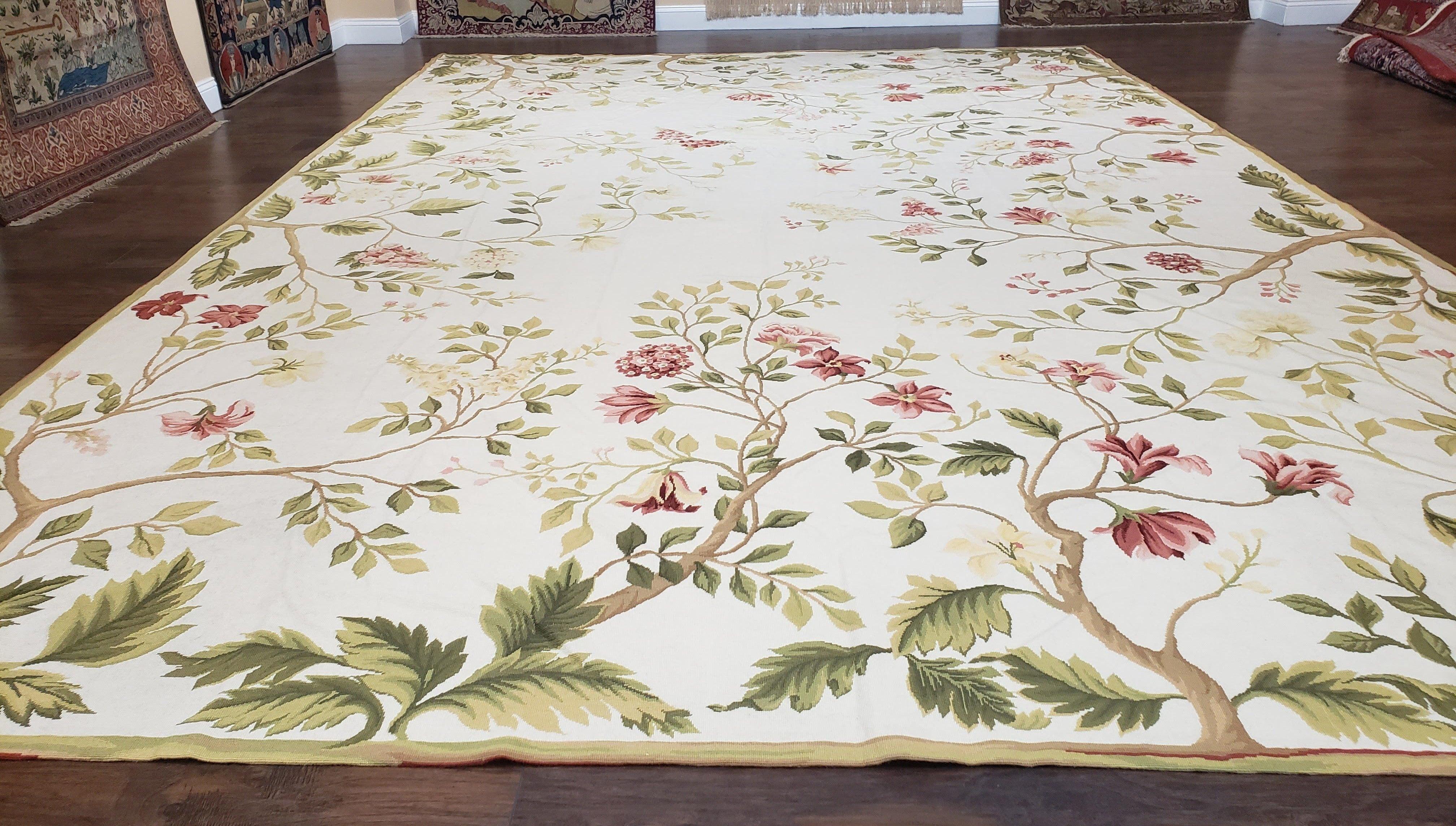 Ivory Chinese Needlepoint Rug 10.8 x 16, Wool Handwoven Carpet, 10x16 - 11x16 Large Room Sized Living Room Flatweave Rug, Dining Room Rug - Jewel Rugs