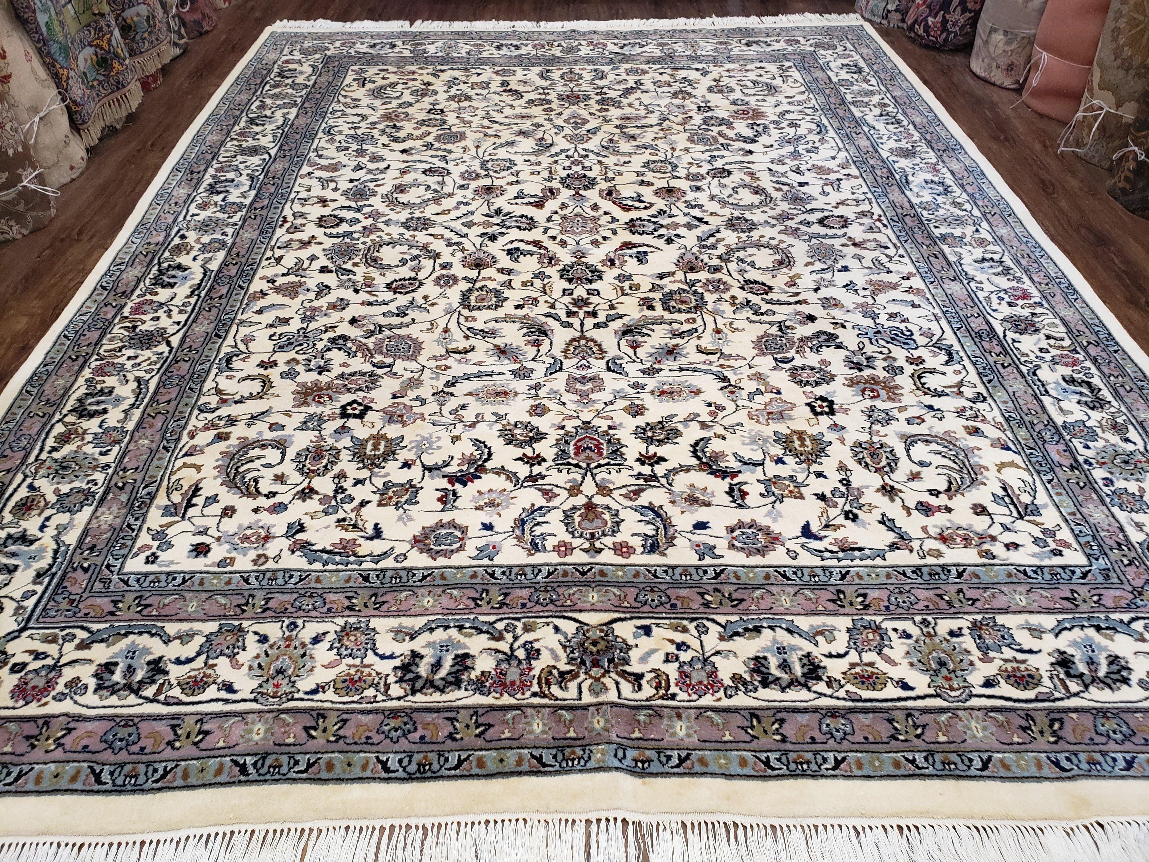 Vintage Indo Persian Area Rug 9x12, Hand-Knotted Wool Oriental Carpet, Ivory Allover Pattern Afshan Indian Rug, Living Room Rug, Dining Room - Jewel Rugs