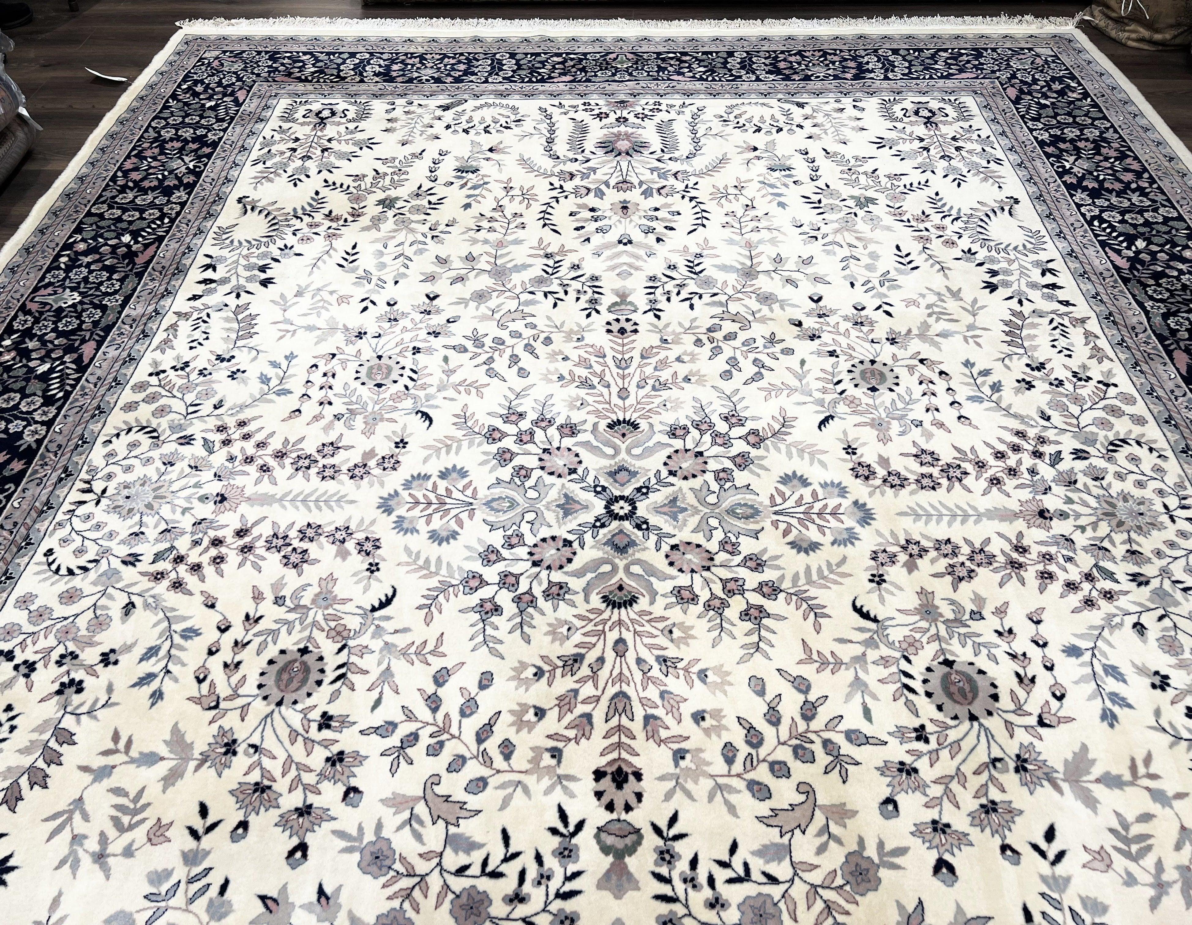 Large Indo Persian Kirman Rug 10x14, Indian Oriental Carpet, Hand Knotted Wool Floral Allover Rug 10 x 14 ft, Ivory Dark Blue, Traditional - Jewel Rugs