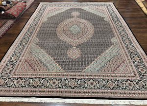 Fine Sino Persian Rug 9x12, Herati Mahi Pattern, Hand Knotted Wool Vintage Black Oriental Carpet 9 x 12 ft, Handmade Room Sized Rug, Nice