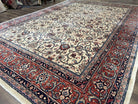 Beautiful Persian Sarouk Rug 10x14, Wool Hand-Knotted Ivory Antique Oriental Carpet 10 x 14, Ivory/Cream Red Blue, 1940s, Top Quality Fine Handmade - Jewel Rugs