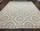 Vintage Chinese Needlepoint Rug 8x11, Diamond Panel Design, Room Sized English Flatweave Carpet, Wool Handwoven Rug, Beige Blue Light Colors - Jewel Rugs