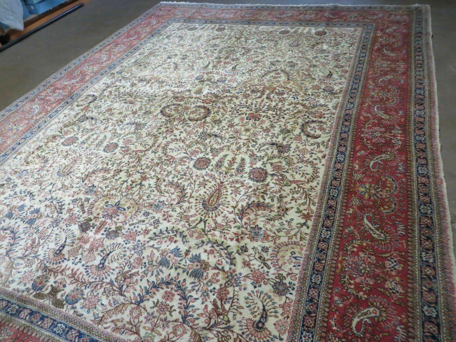 Persian Tabriz Rug 8x10, Antique Authentic Wool Oriental Carpet 8 x 10 ft, Bird Motifs Floral Boteh Paisleys, Cream Red Blue Vintage Handmade Rug - Jewel Rugs