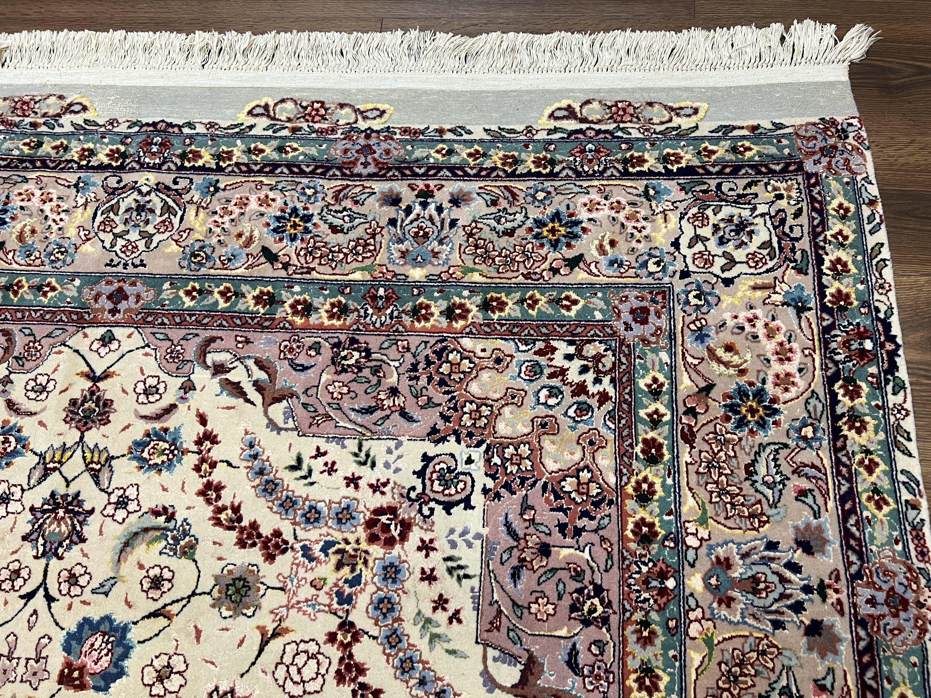 Beautiful Pak Persian Rug 6x9, Floral Medallion, Wool and Silk, Highly Detailed Elegant Carpet, Vintage Oriental Rug 6 x 9, Cream and Gray - Jewel Rugs