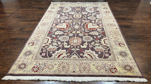 Vintage Indo Mahal Area Rug 6x9, Indian Persian Oriental Carpet 6 x 9, Puce Eggplant Tan Beige Rug, Hand-Knotted, Large Floral Design Wool - Jewel Rugs
