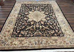 Indo Persian Rug 8x10, Elegant Floral Medallion Indian Oriental Carpet, Wool and Silk, Black and Beige, Hand Knotted Vintage Room Sized Rug - Jewel Rugs