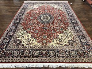 Fine Sino Persian Rug 7x10 ft, Floral Central Medallion Oriental Carpet, Red Navy Blue Cream, Hand Knotted Wool Traditional Vintage Rug - Jewel Rugs