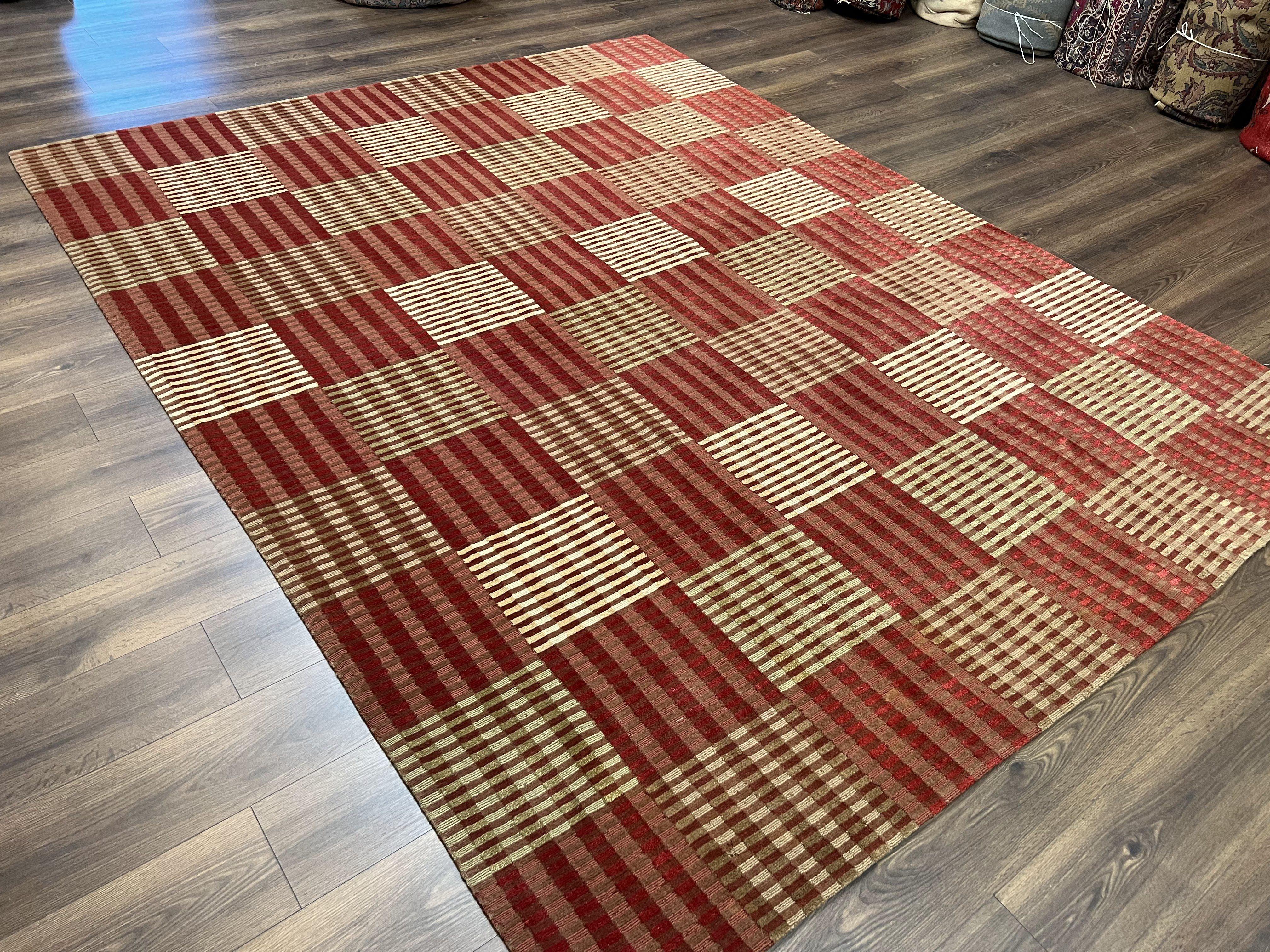 Modern Tibetan Rug 8x10, Hand Knotted Contemporary Nepali Carpet 8 x 10, Checkerboard Design, Red Cream Light Brown, Very Fine Wool & Silk - Jewel Rugs