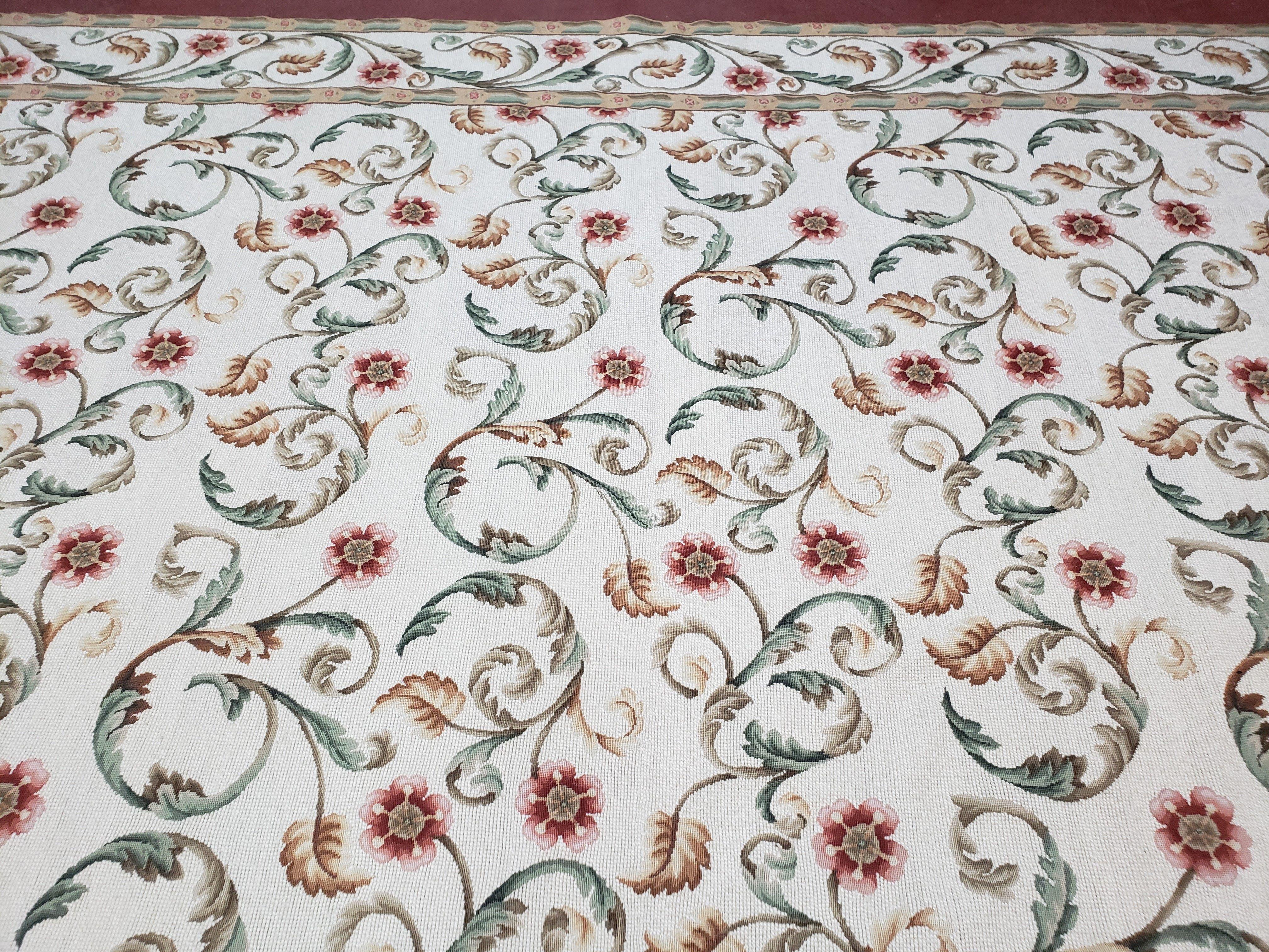 Needlepoint Rug 9x12, European Aubusson Design, Floral Allover Garden Pattern, New Needlepoint Area Rug, Ivory Rug, Hand Woven, Flatweave - Jewel Rugs