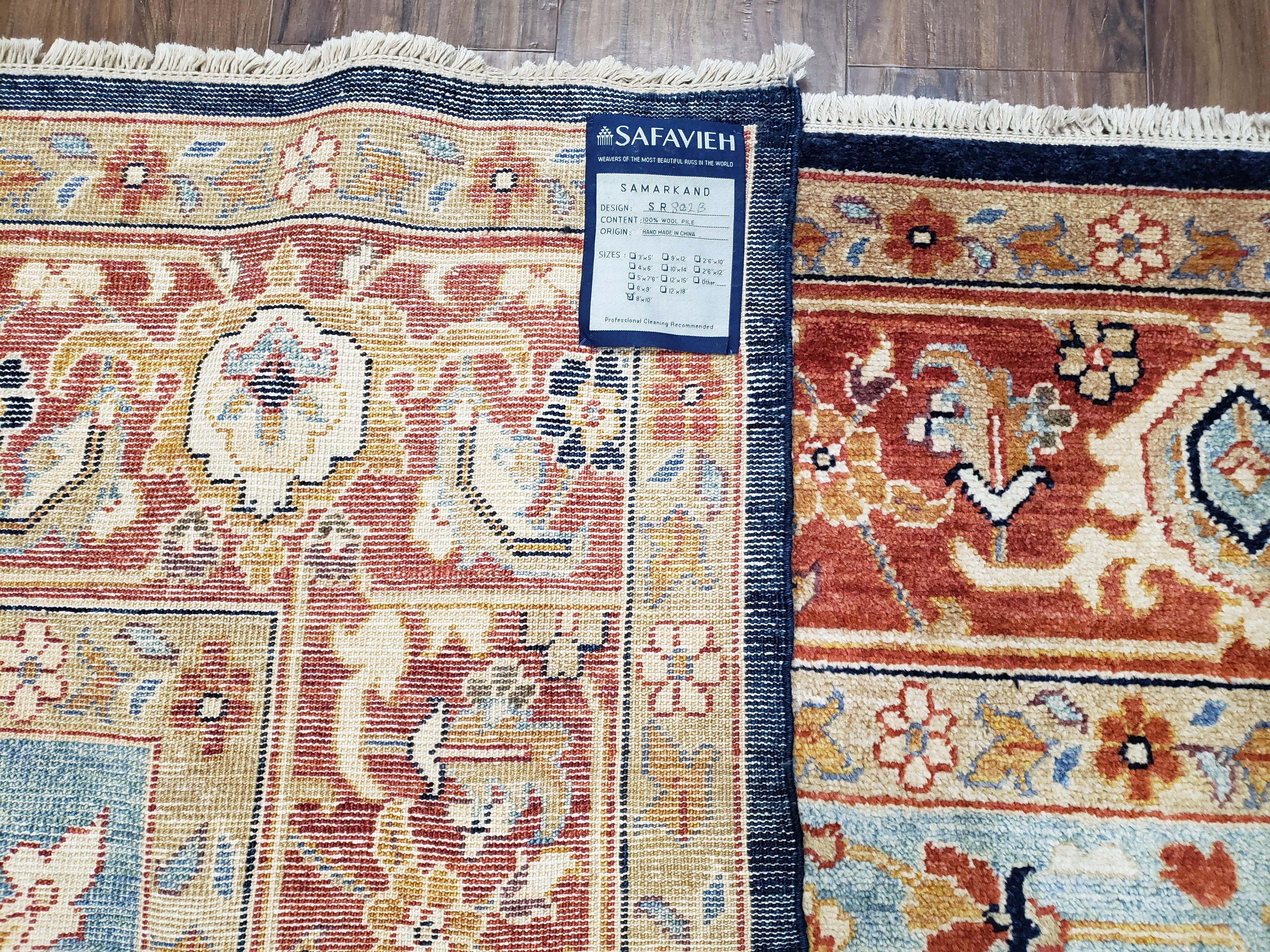 Safavieh Samarkand Heriz Rug 8x9 ft, Colorful Serapi Room Sized Hand-Knotted Wool Carpet, Tribal Rug, Vintage Oriental Rug, Navy Blue & Red - Jewel Rugs