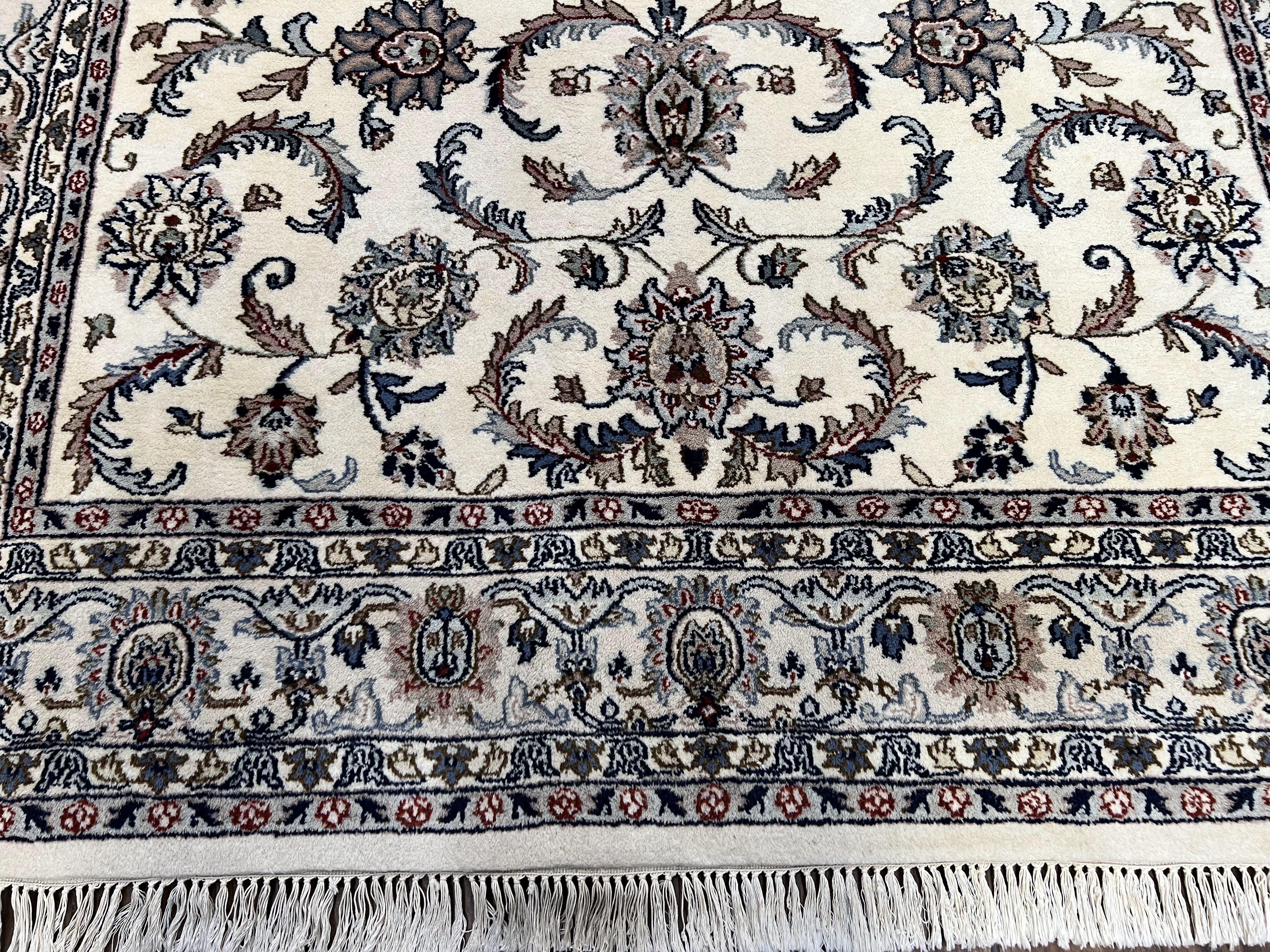 Indian Rug 5.7 x 9, Vintage Oriental Carpet, Handmade Hand Knotted Wool Rug, Living Room Rug, Bedroom Rug, Ivory and Gray, Allover Floral - Jewel Rugs