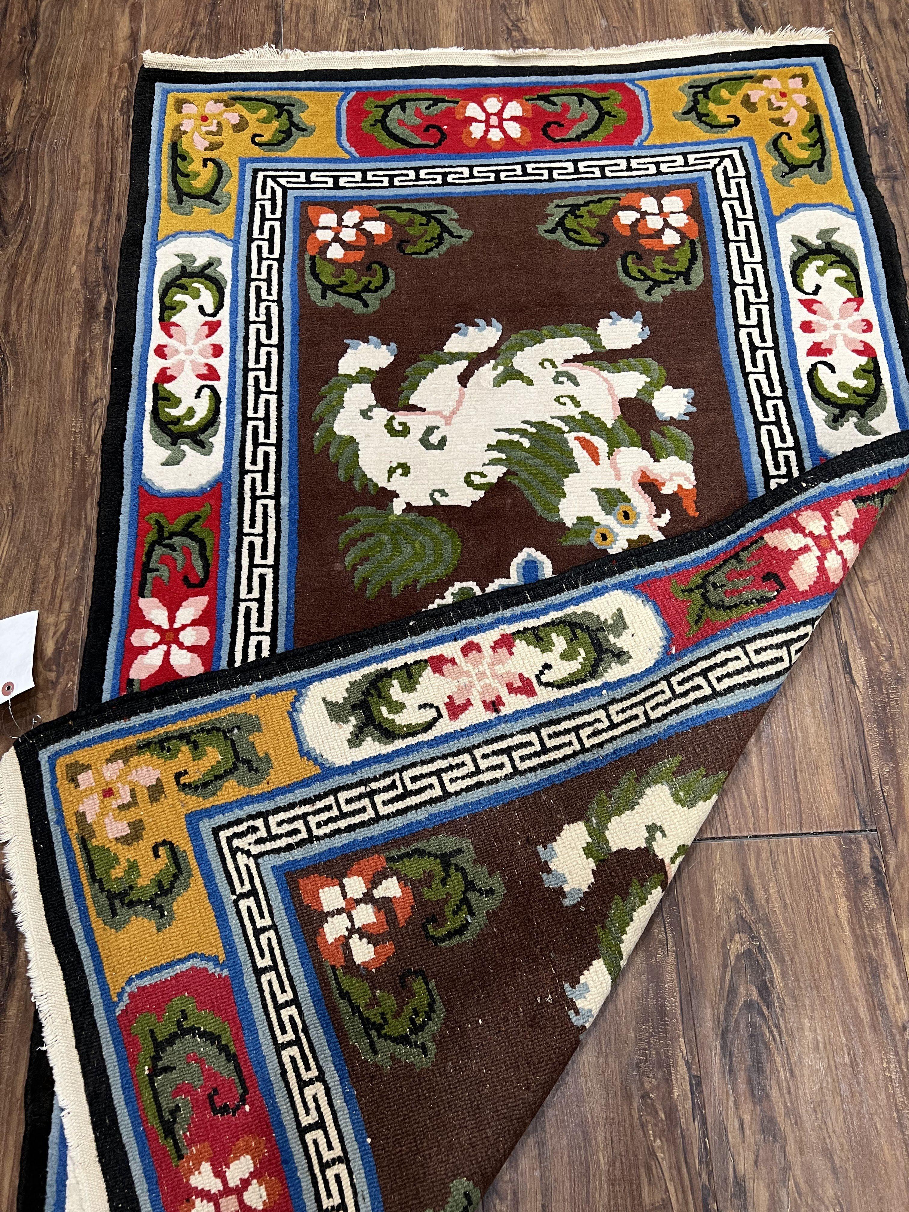 Chinese Peking Rug 3x5 with Animal Pictorial, Brown Ivory Gold Red, Handmade Vintage Chinese Carpet, Art Deco Rug, Unique Asian Oriental Rug - Jewel Rugs