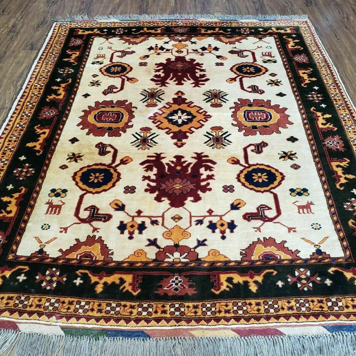 5' X 6' Vintage Handmade Knotted Turkish Kazak Pattern Wool Rug Bohemi ...
