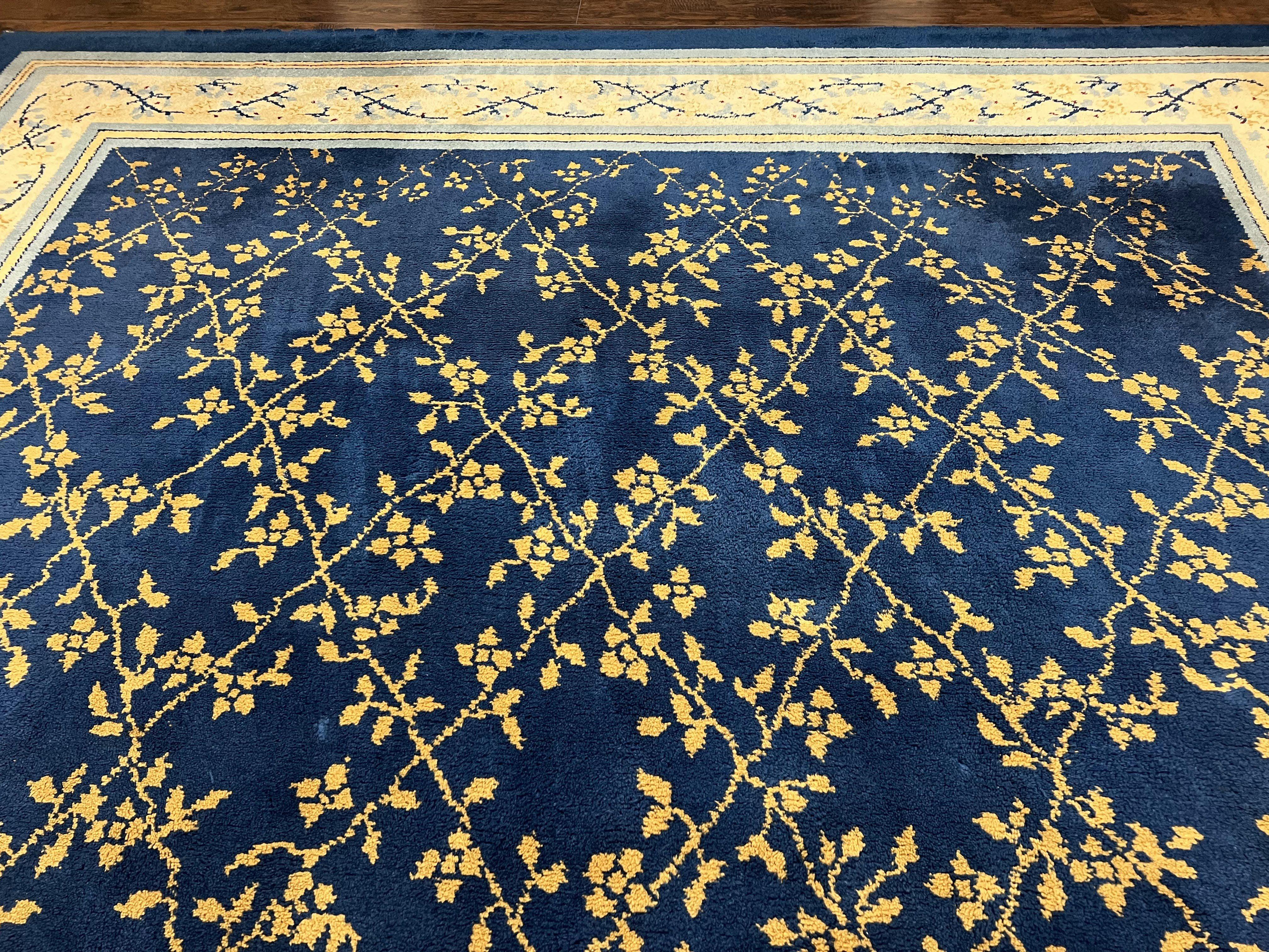 Vintage Spanish Portuguese Area Rug 10x12, Almost Square Size, Navy Blue - Gold - Cream, Floral European Design, Soft Wool Carpet Handmade - Jewel Rugs