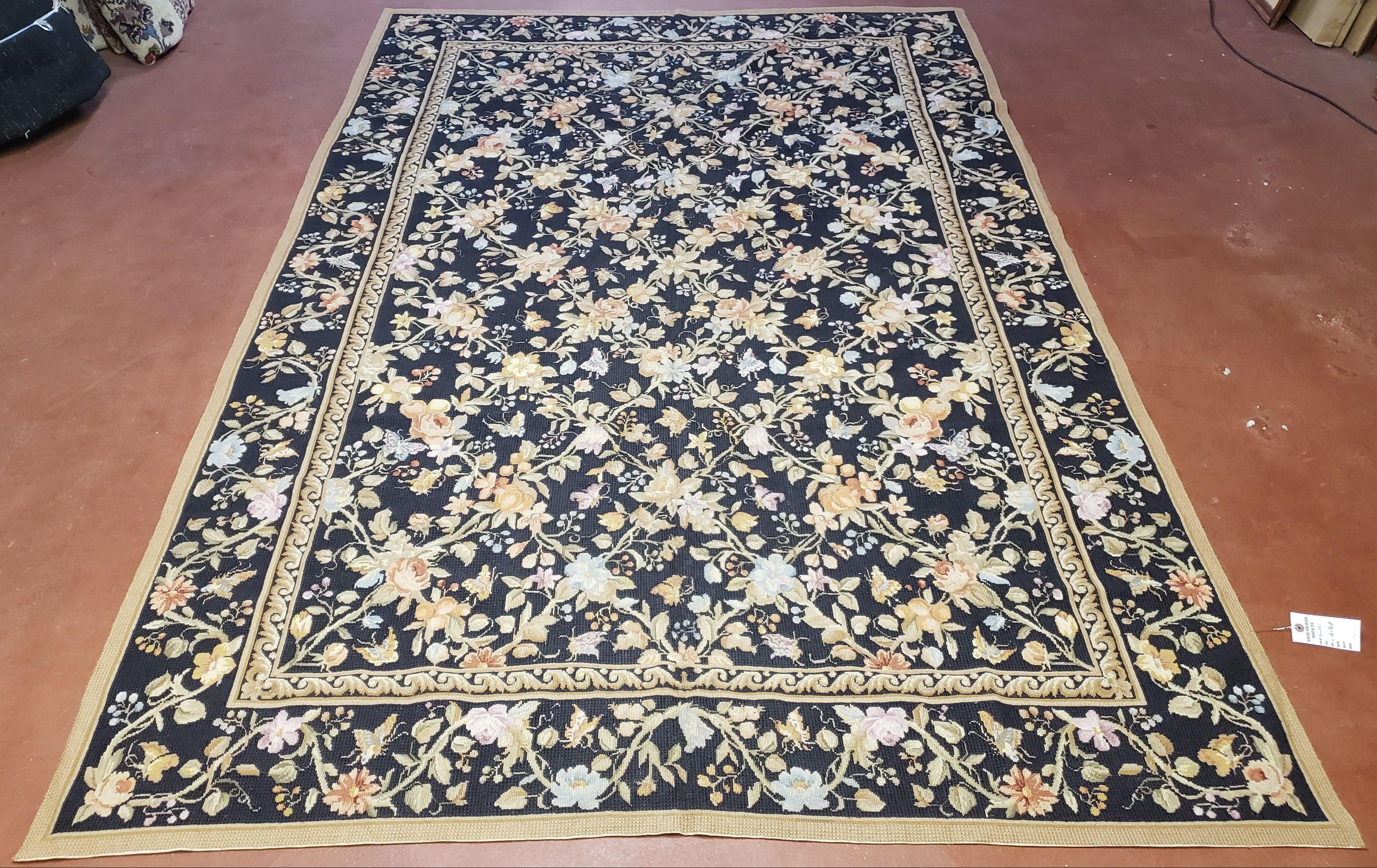 6x9 Vintage Needlepoint Rug Petitepoint Carpet Butterflies Floral Design Dark Brown & Tan 6 x 9 Handmade Flatweave Area Rug - Jewel Rugs