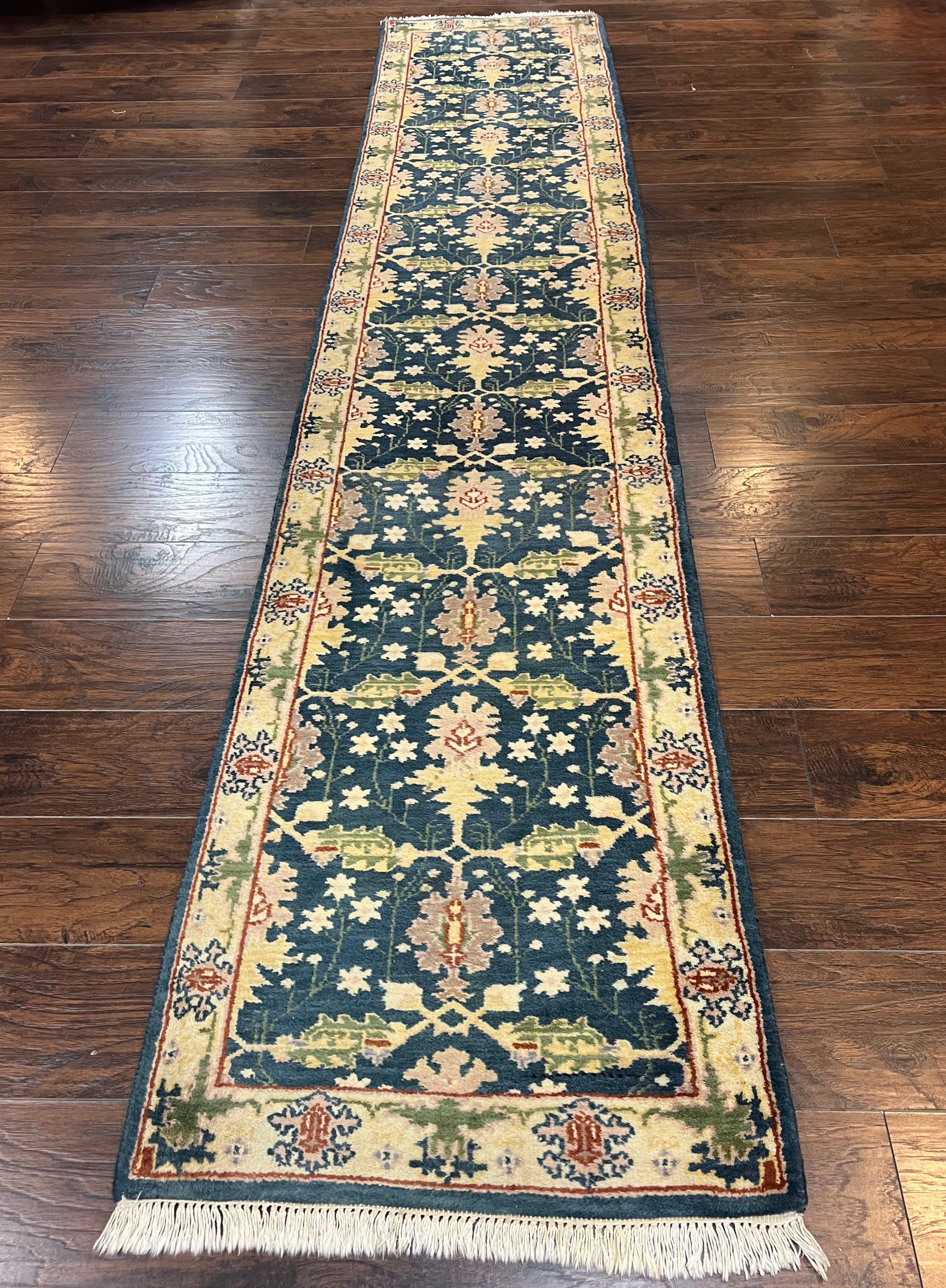 Indian Runner Rug 2.6 x 12, Navy Blue Beige Oriental Runner Rug 12ft Long, Narrow Hallway Runner, Wool Hand Knotted Indo Persian Mahal Rug - Jewel Rugs