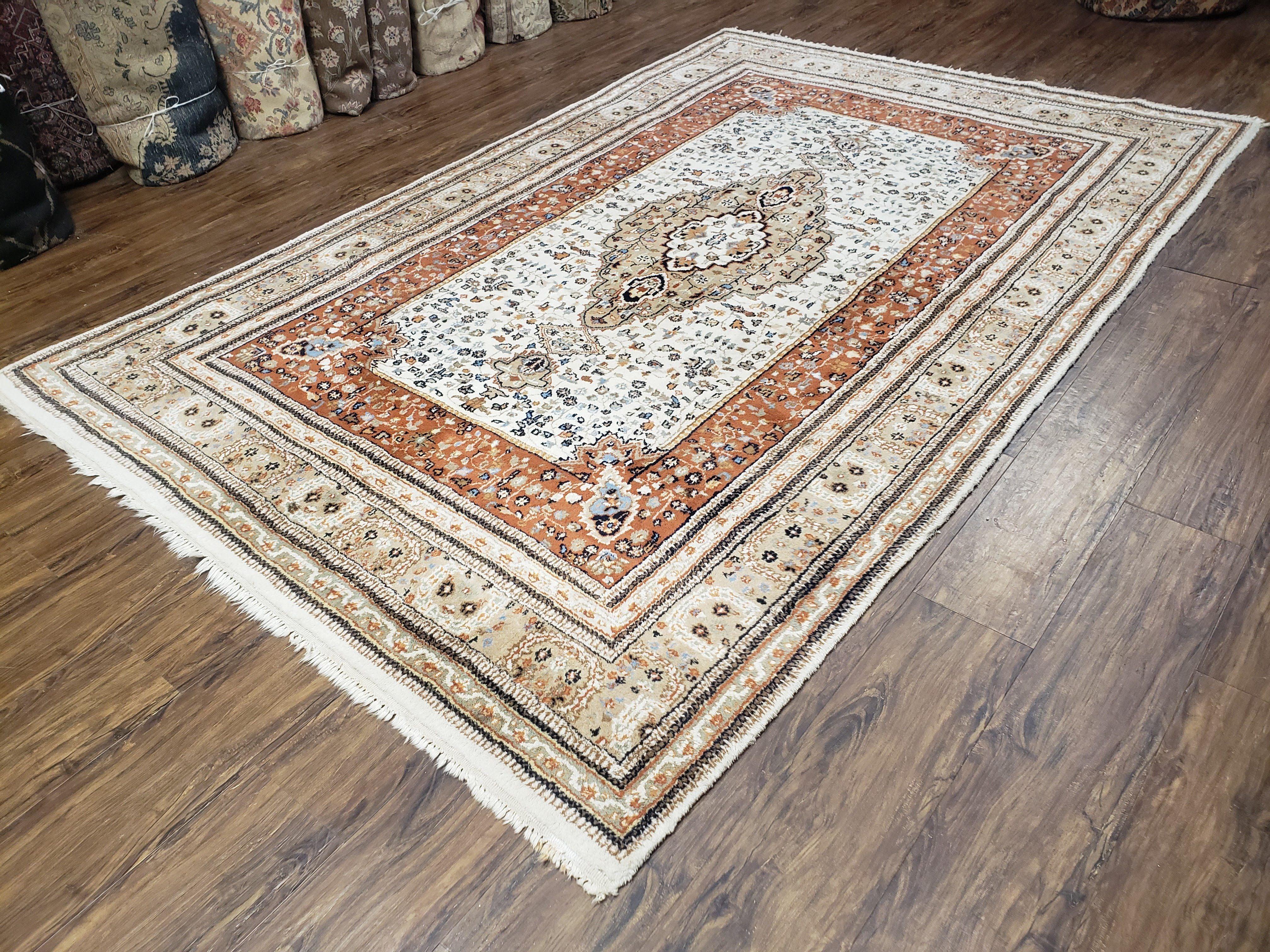 6x9 Vintage Indo-Persian Area Rug, Wool Hand-Knotted Carpet, Ivory & Squash Orange, Floral Medallion Tribal Rug, Indian Carpet, Decorative - Jewel Rugs