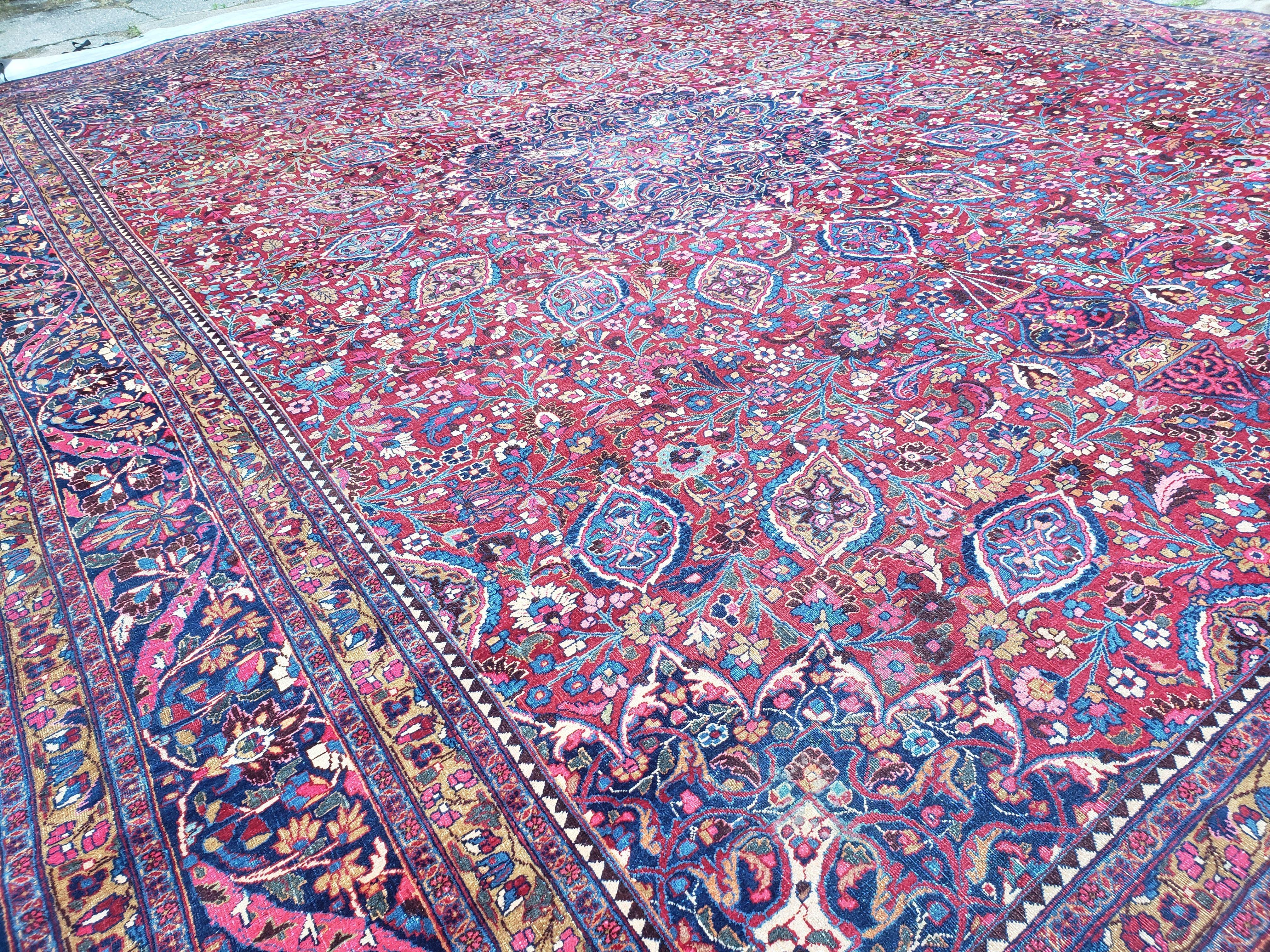 Antique Persian Mashad Oversized Area Rug, 12x17, Red, Wool, Hand-Knotted, Low Pile - Jewel Rugs