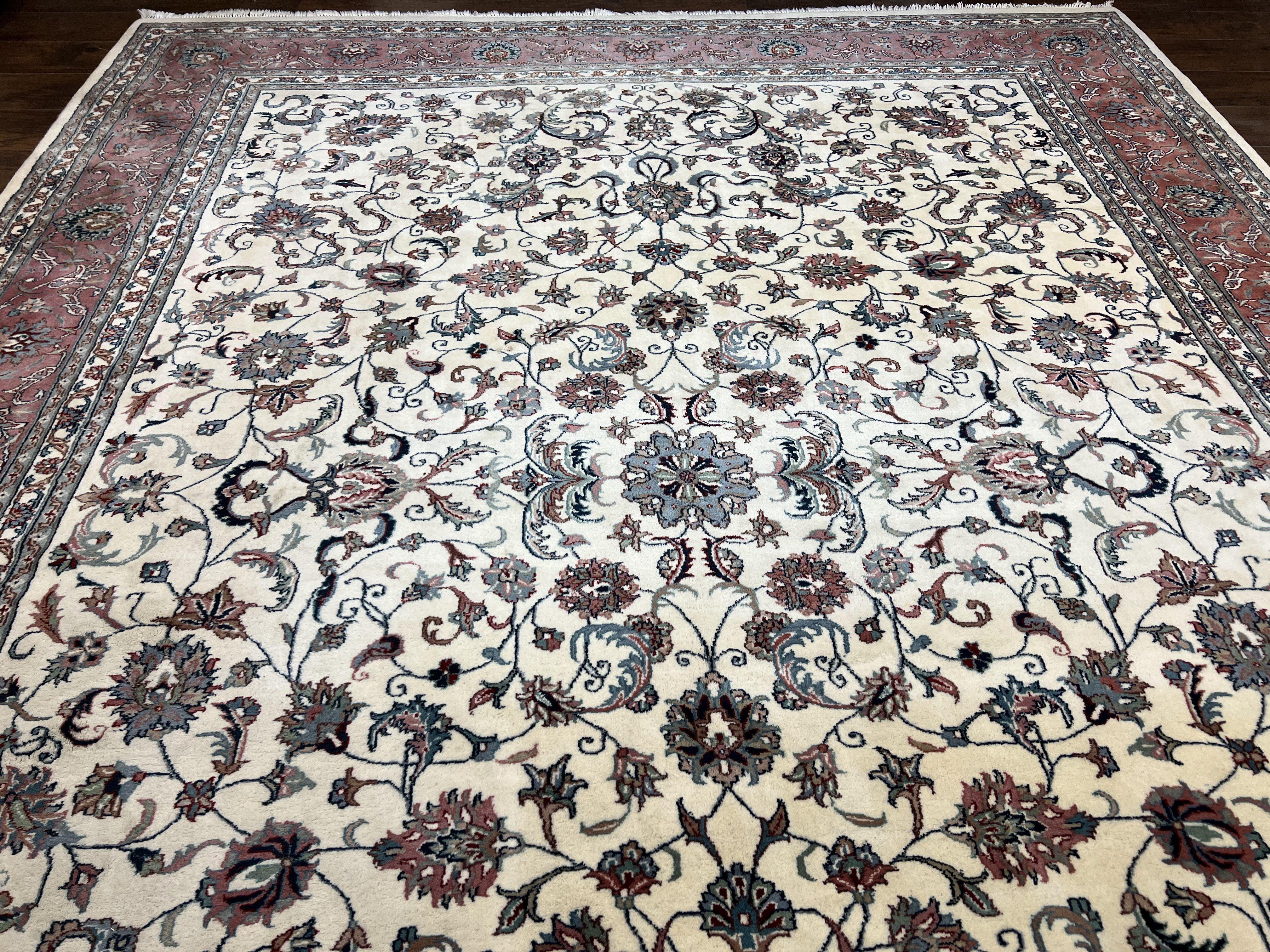 Indo Persian Rug 9x12, Persian Design Carpet, Room Sized Traditional Oriental Rug 9 x 12, Allover Floral Pattern, Cream and Red, Handmade - Jewel Rugs