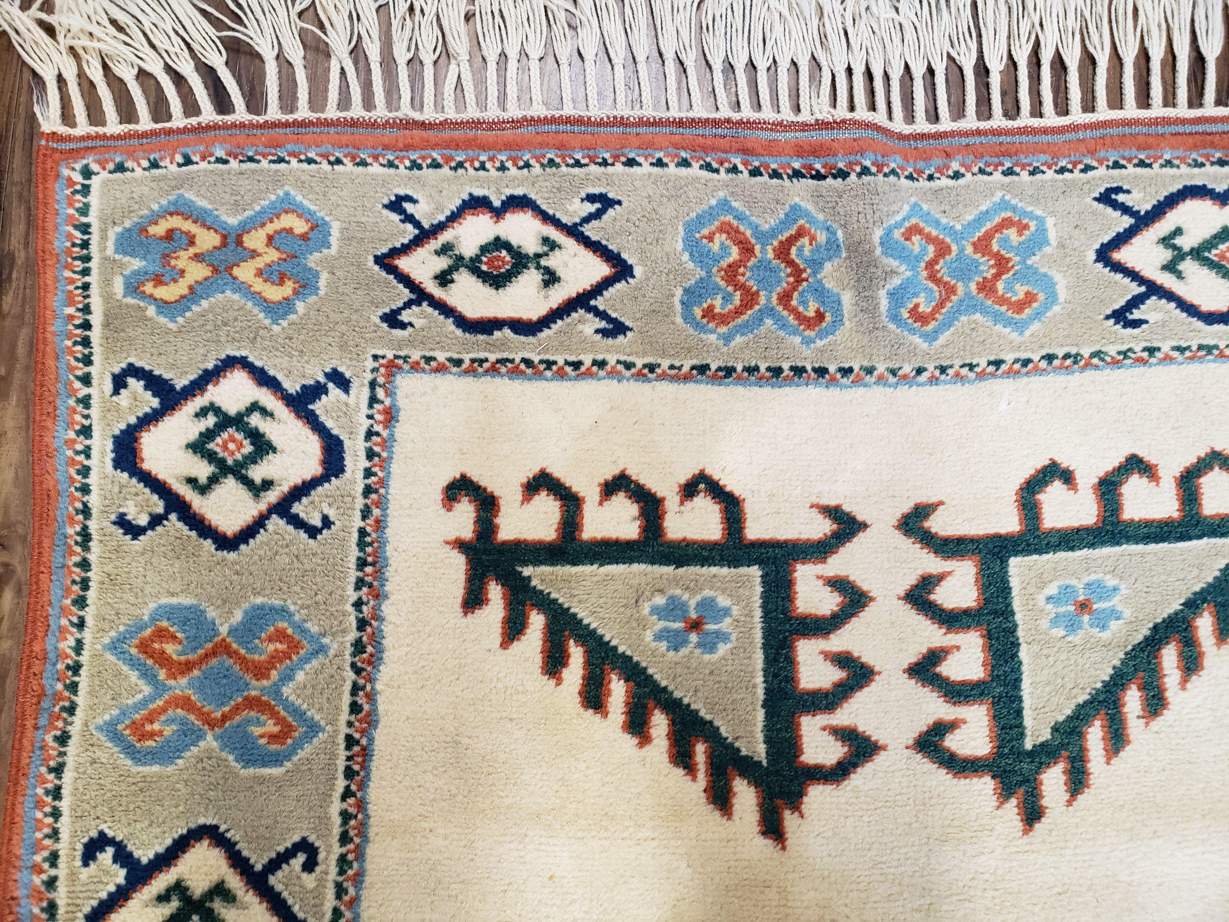 Vintage Turkish Rug 4x6, Beige Red Gray Carpet, Caucasian Design, Tribal Rug, Hand-Knotted, Boho Rug, Bohemian Home Decor - Jewel Rugs