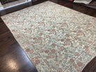 Indian Hand Stitched Rug 9x12, Floral Allover, Vintage Chain Stitched Wool Carpet, Cream Rose Pink Green, Large Flatweave Area Rug 9 x 12 ft - Jewel Rugs