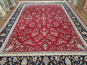 Traditional Persian Design Oriental Rug 9x12, Wool, Pak-Persian, Red & Dark Blue, Allover Pattern, Vintage, Hand-Knotted, 9 x 12 Carpet - Jewel Rugs