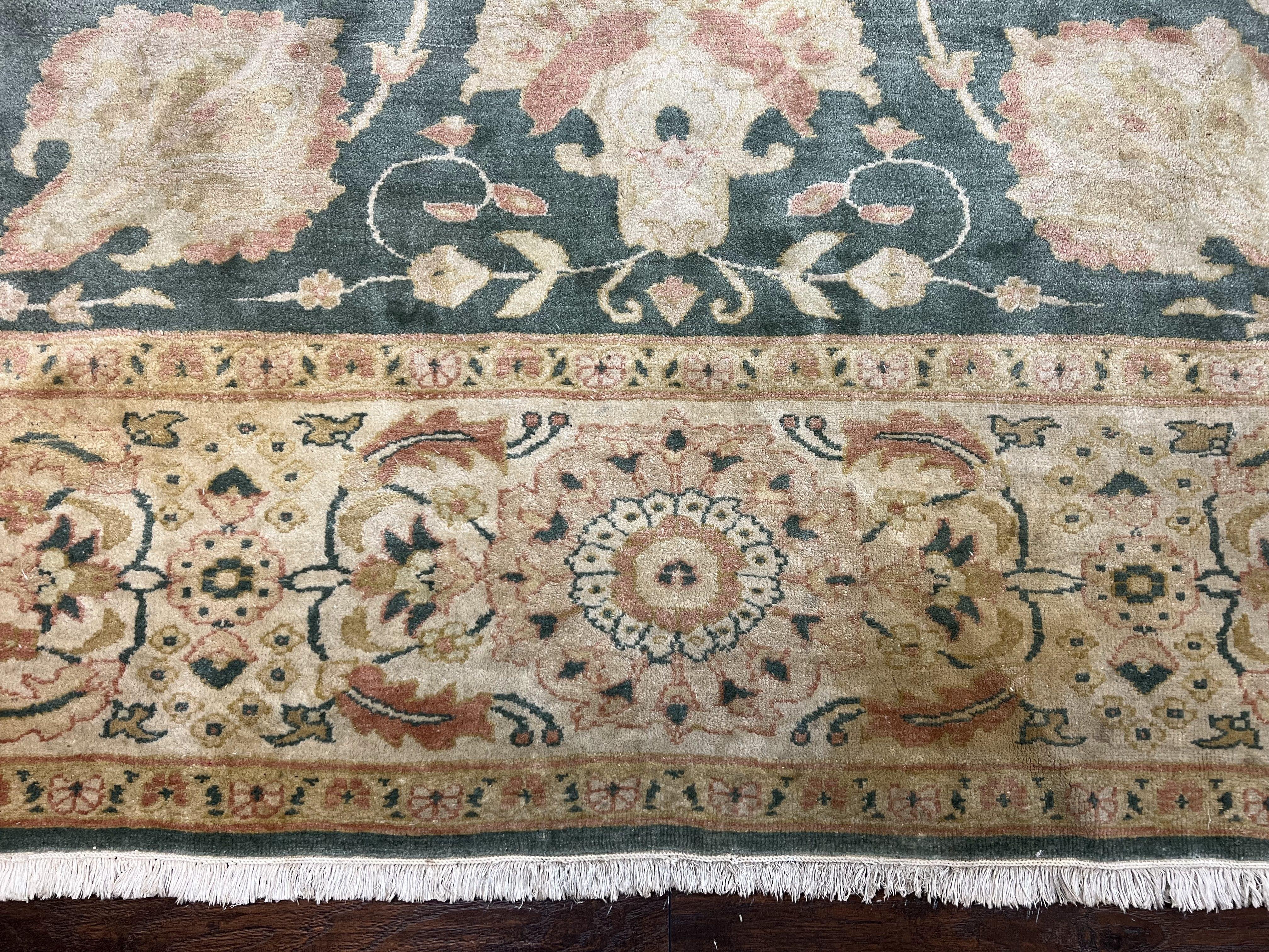 Egyptian Mahal Rug 10x14, Large Vintage Floral Hand Knotted Wool Carpet 10 x 14, Dark Green and Beige Traditional Handmade Persian Area Rug - Jewel Rugs