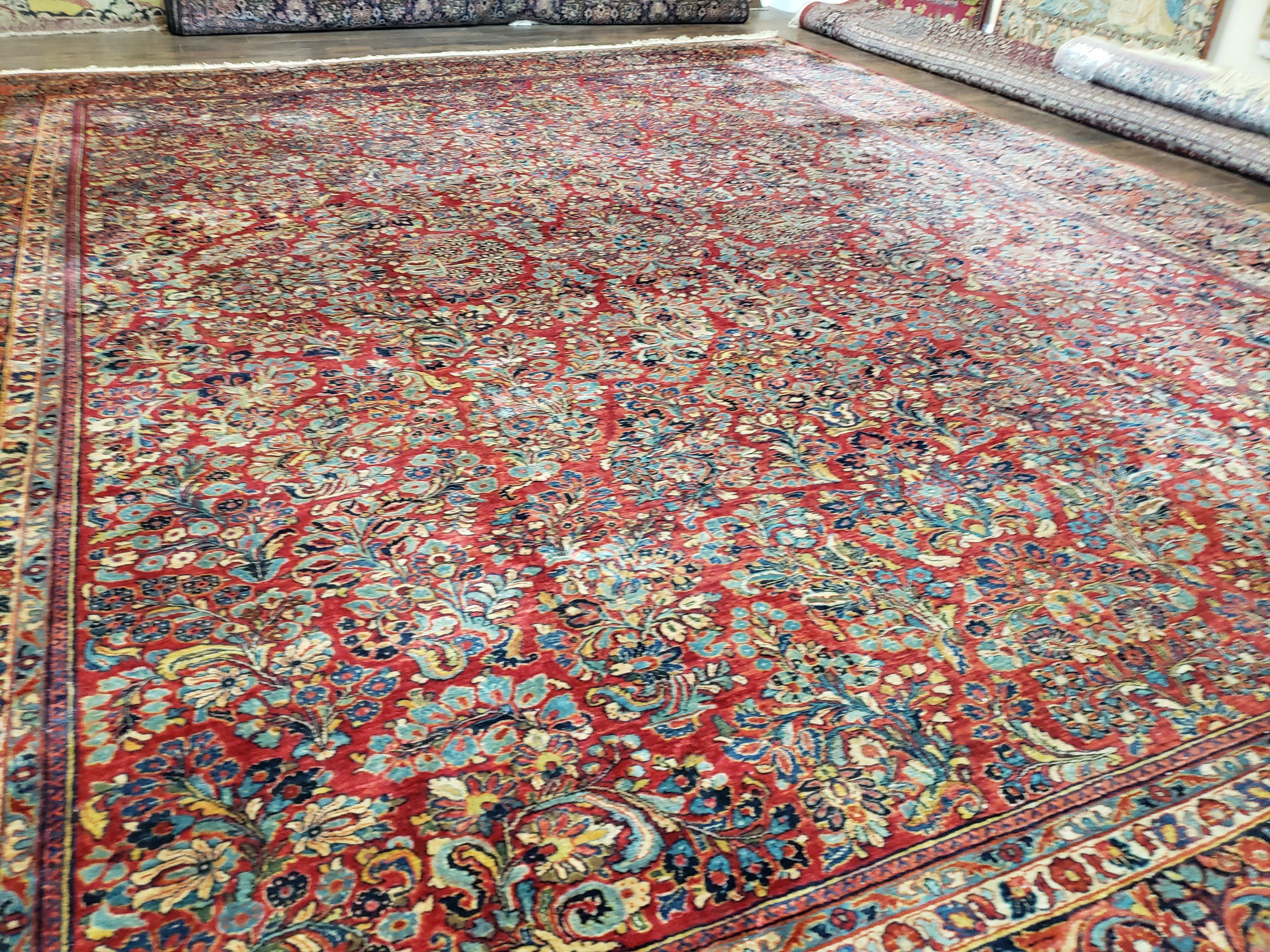 Stunning Semi Antique Palace Sized Persian Sarouk Rug, Hand-Knotted, Red and Dark Blue, Floral Allover, Wool, 14' x 17' 9" - Jewel Rugs