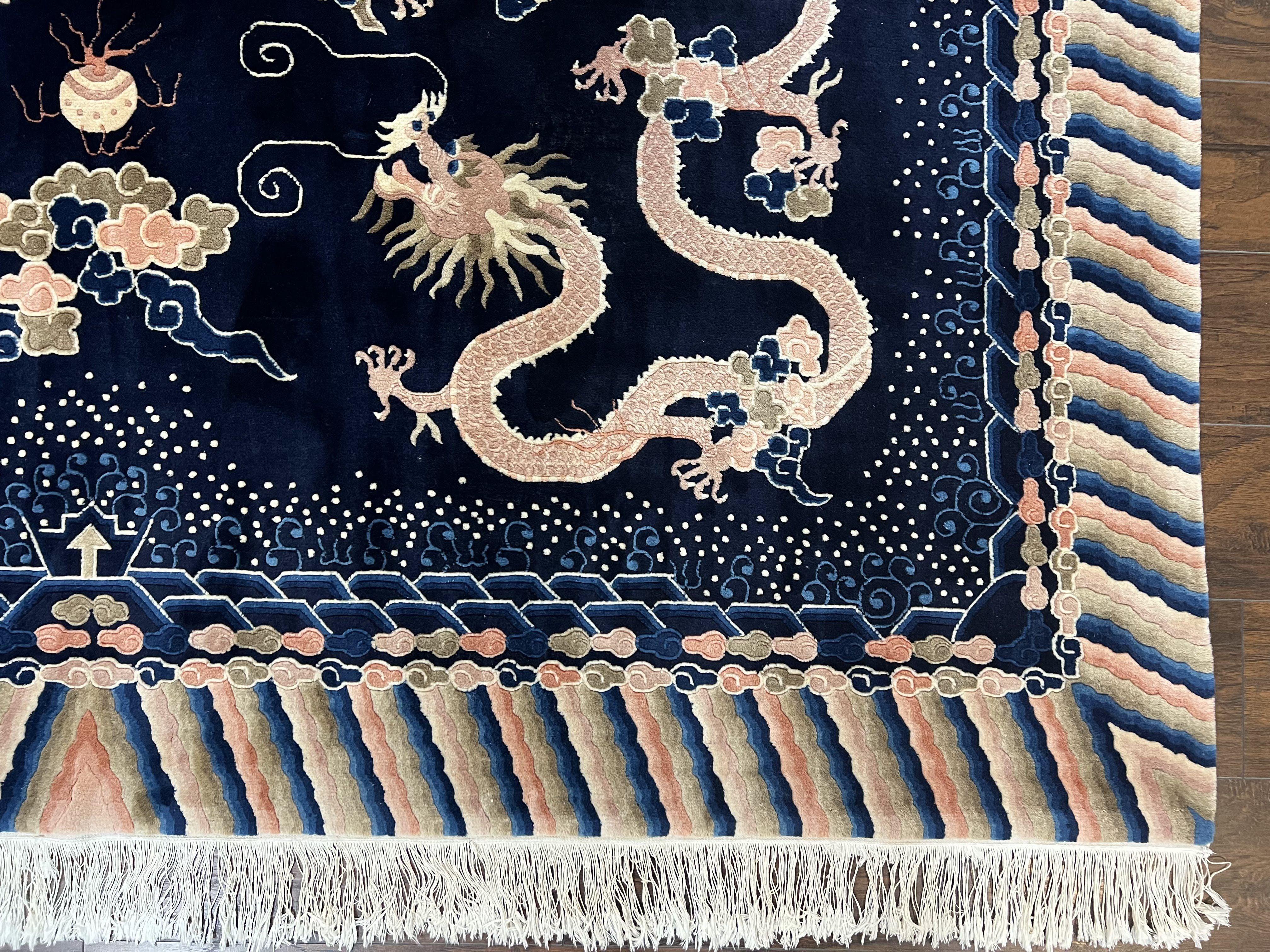 Rare Chinese Peking Rug 8x11, Chinese Dragon Carpet with Rainbow Border, Navy Blue and Beige, Handmade Hand Knotted, Semi Antique, Wool Rug - Jewel Rugs