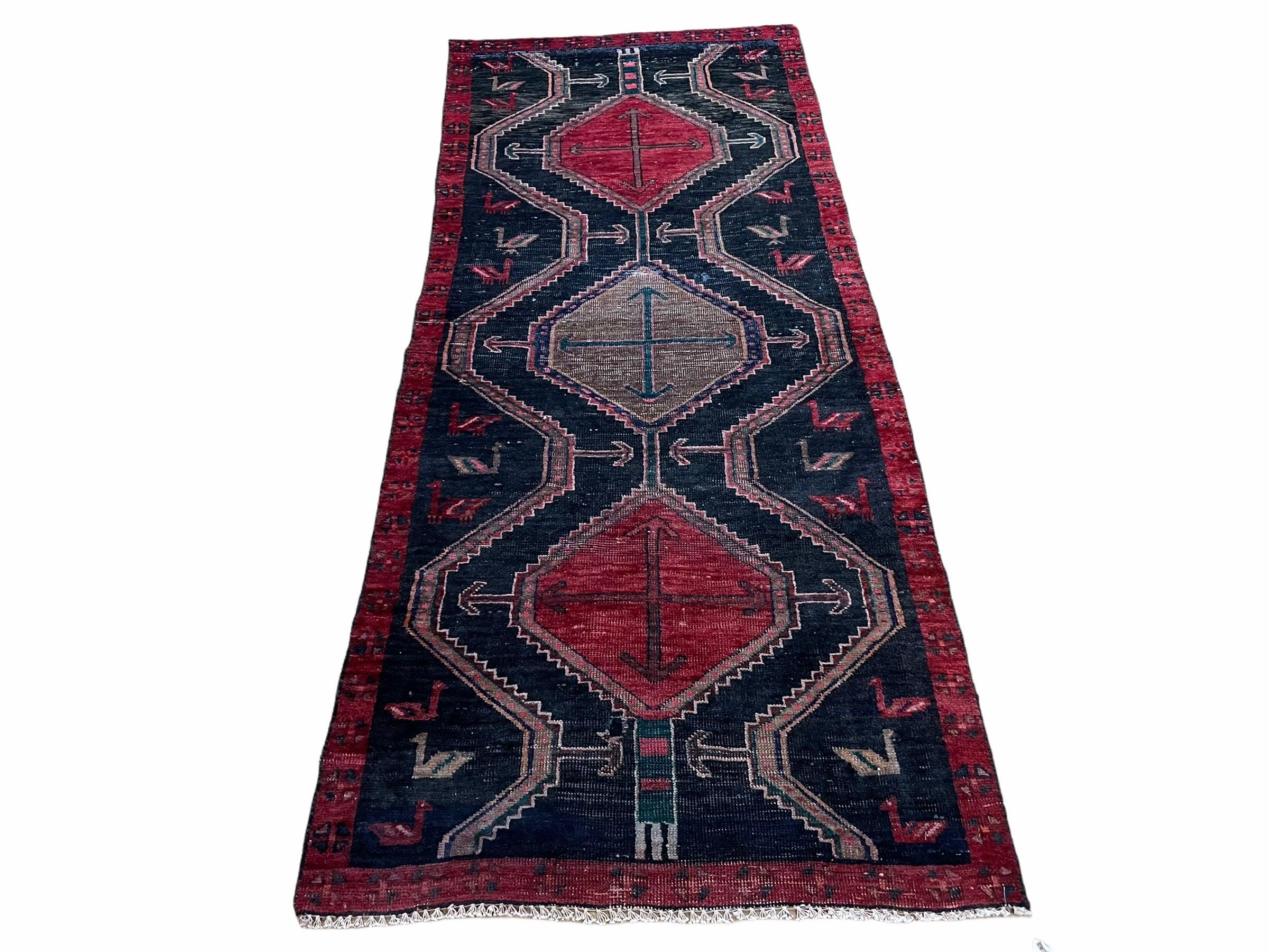 3 X 7 Handmade Wool Tribal Runner Rug Geometric Red Blue Boho Organic Dyes - Jewel Rugs