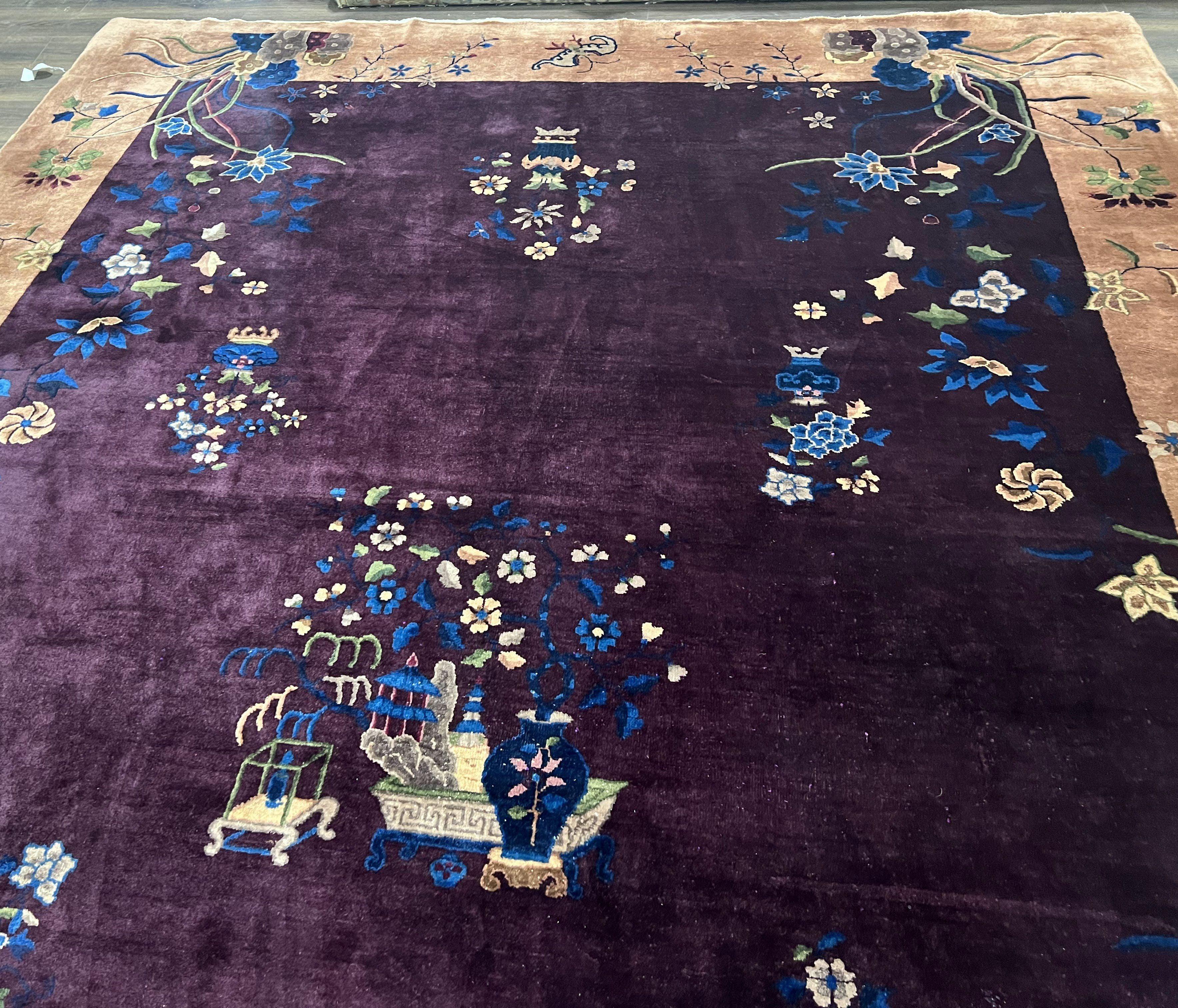 Antique Chinese Peking Rug 10x15, Purple and Tan Art Deco Carpet, Large Asian Oriental Wool Chinese Fete Hand Knotted Early 20th Century Rug - Jewel Rugs